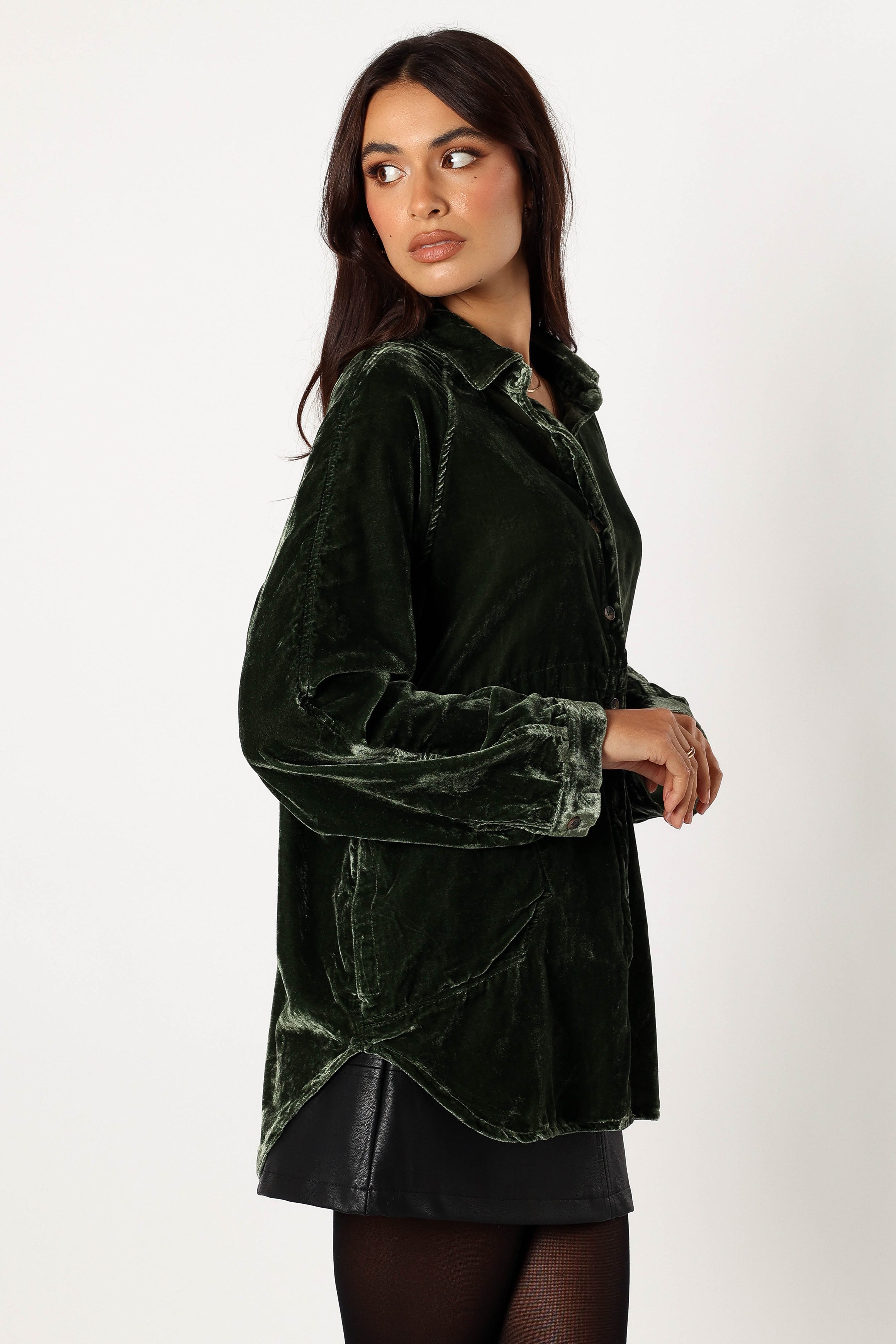 TOPS Chelsea Velvet Oversized Button Down Top - Olive