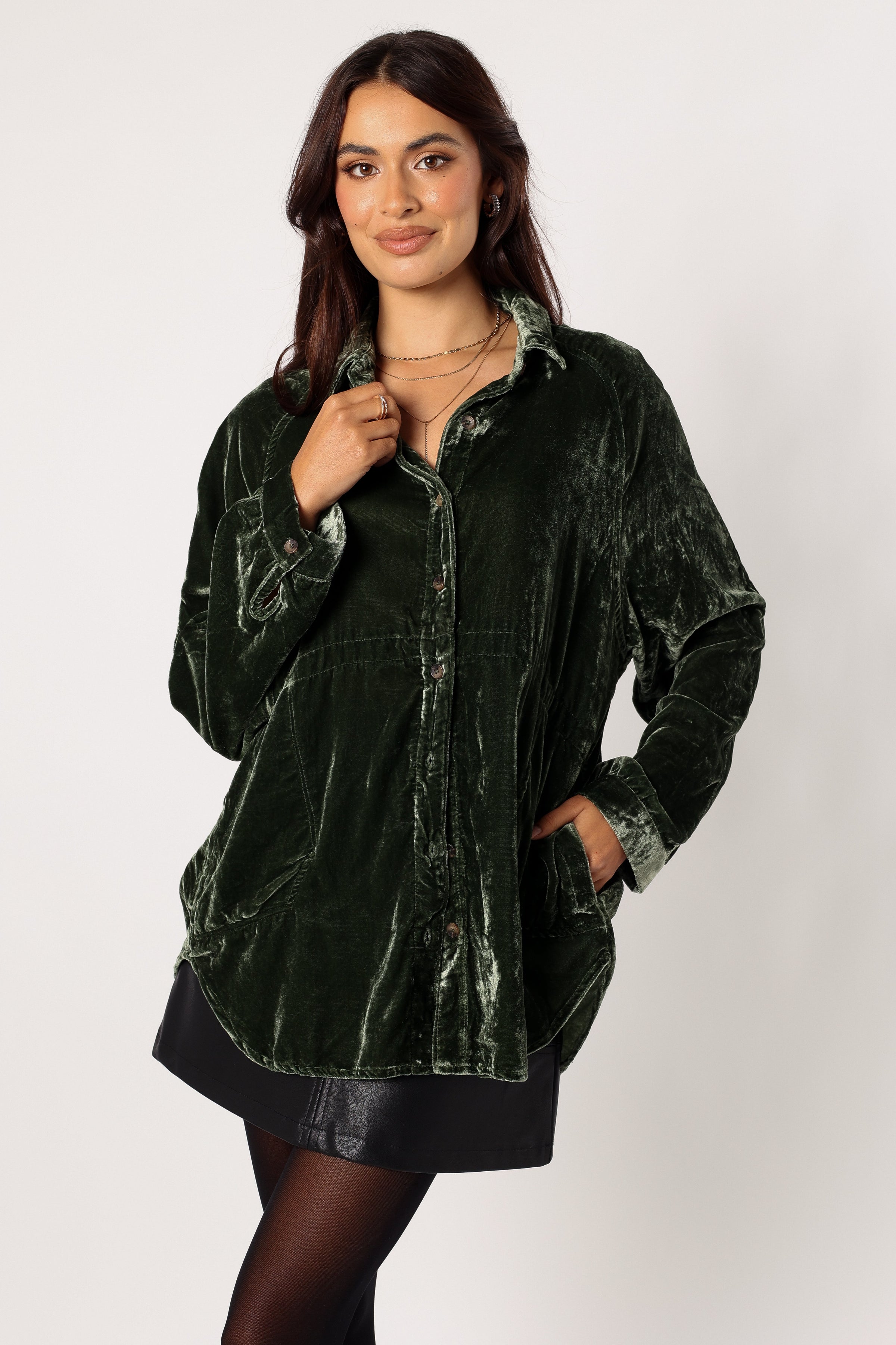 TOPS Chelsea Velvet Oversized Button Down Top - Olive