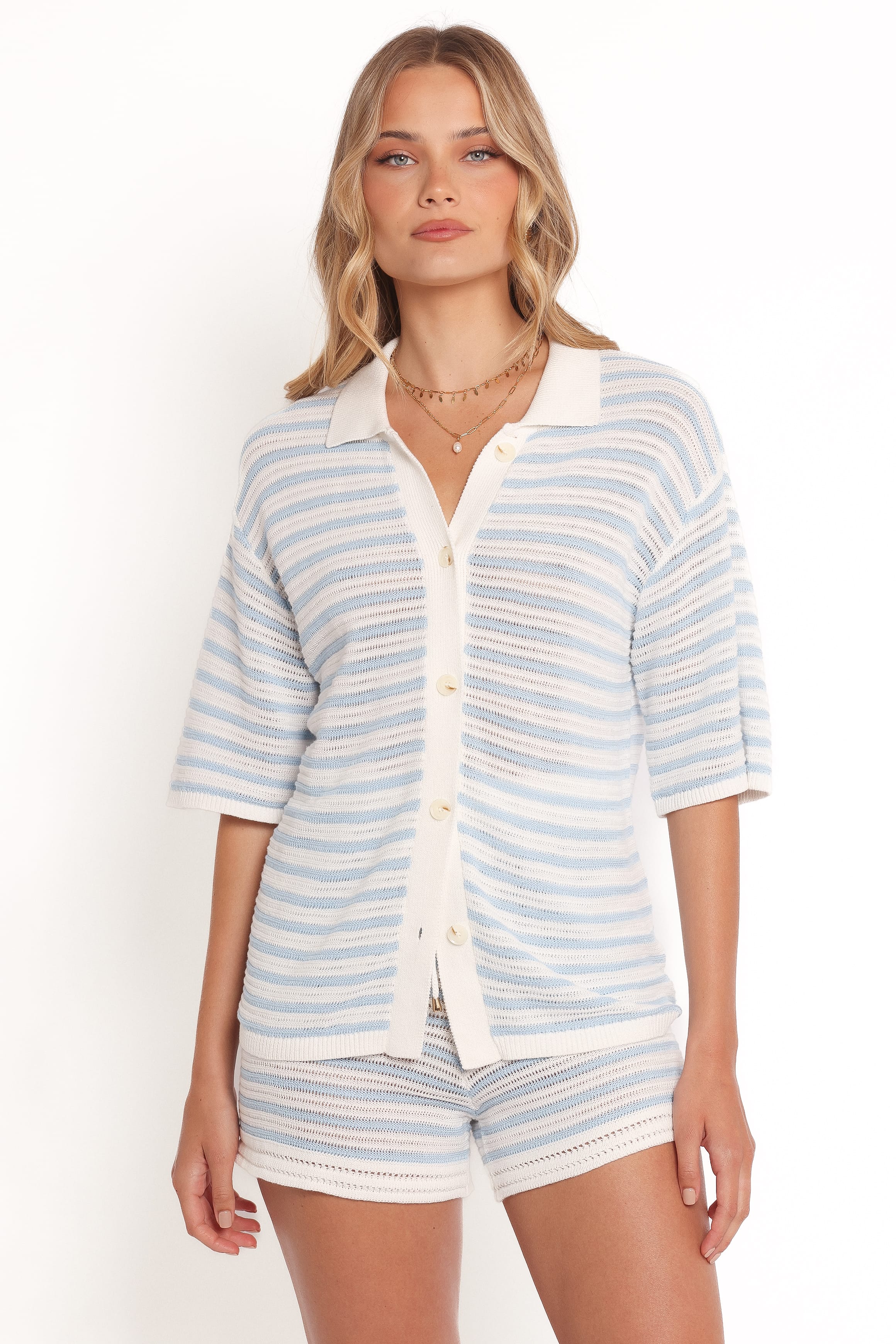 TOPS Cherie Knit Shirt - Cream Sky Blue