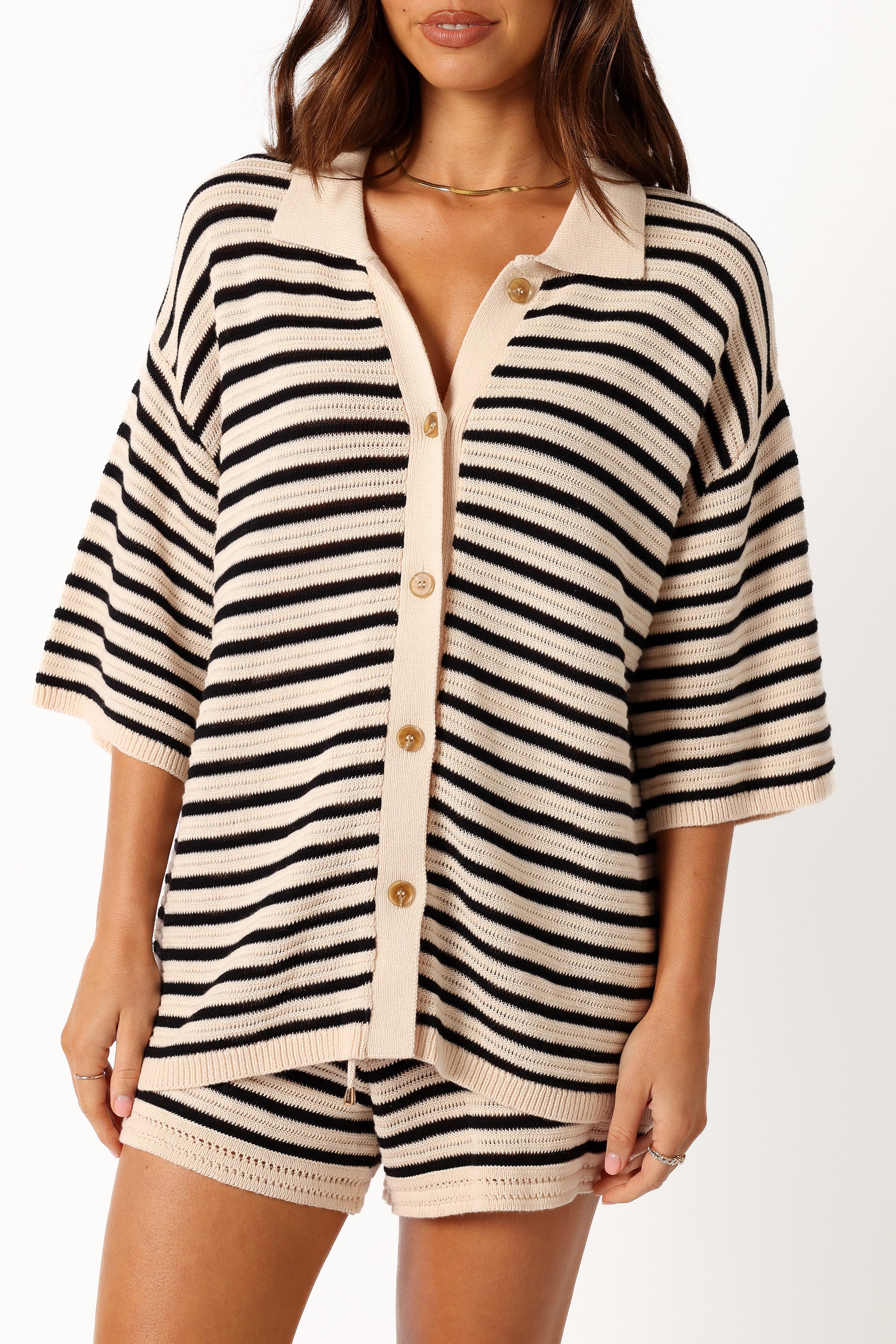 TOPS @Cherie Knit Shirt - Sand/Black