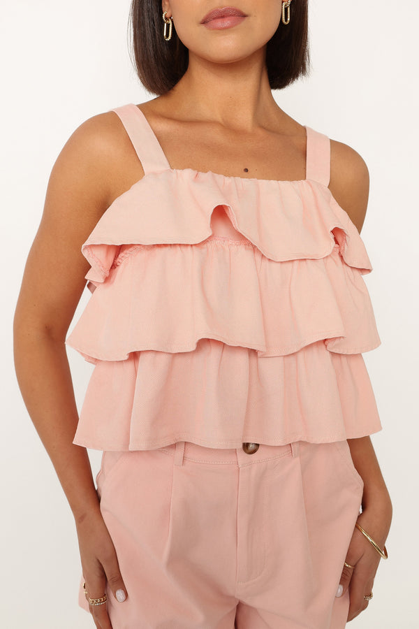 TOPS @Dalaney Contrast Stitch Denim Top - Pink