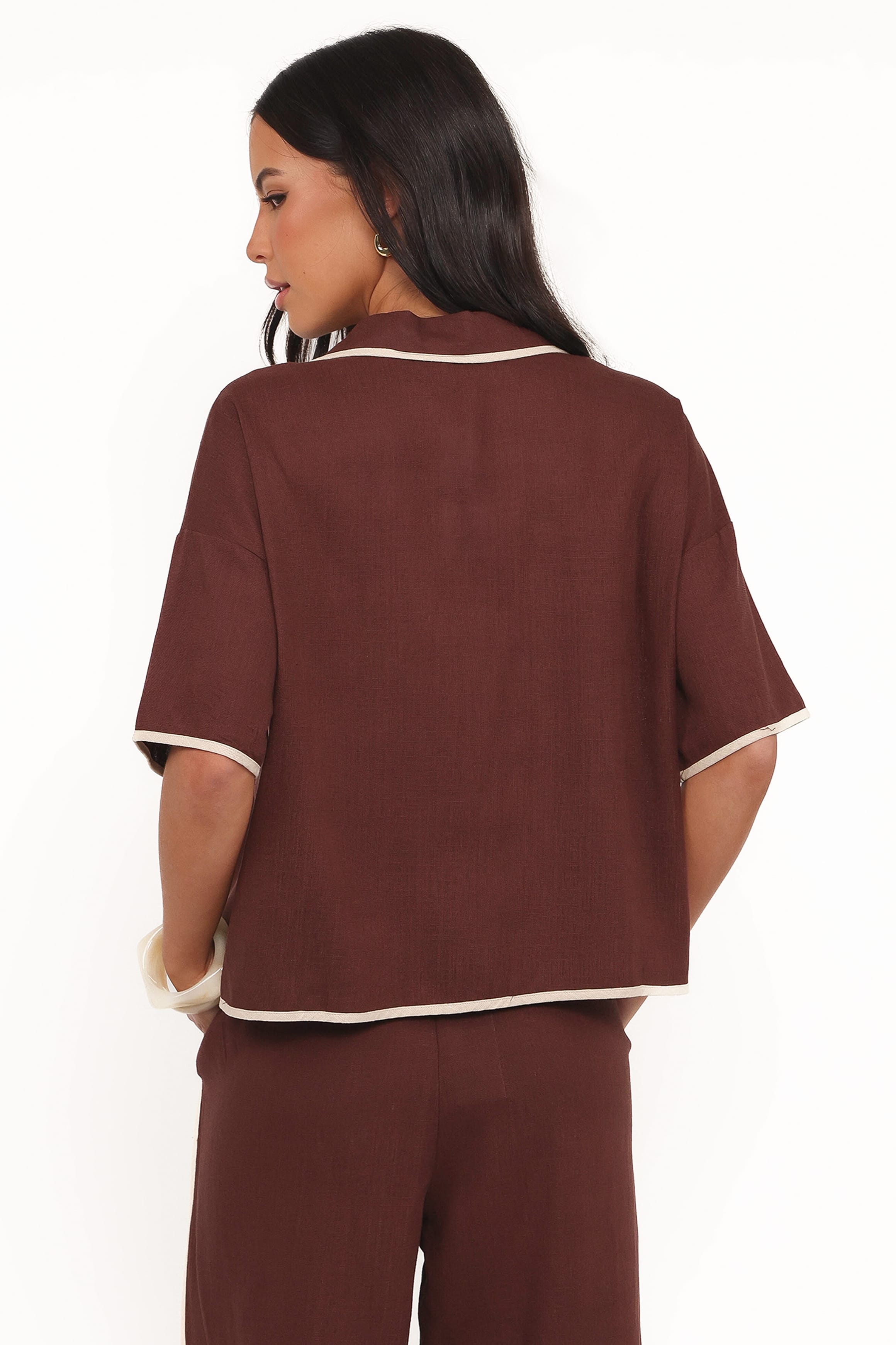TOPS Dalton Tie Top - Brown Cream