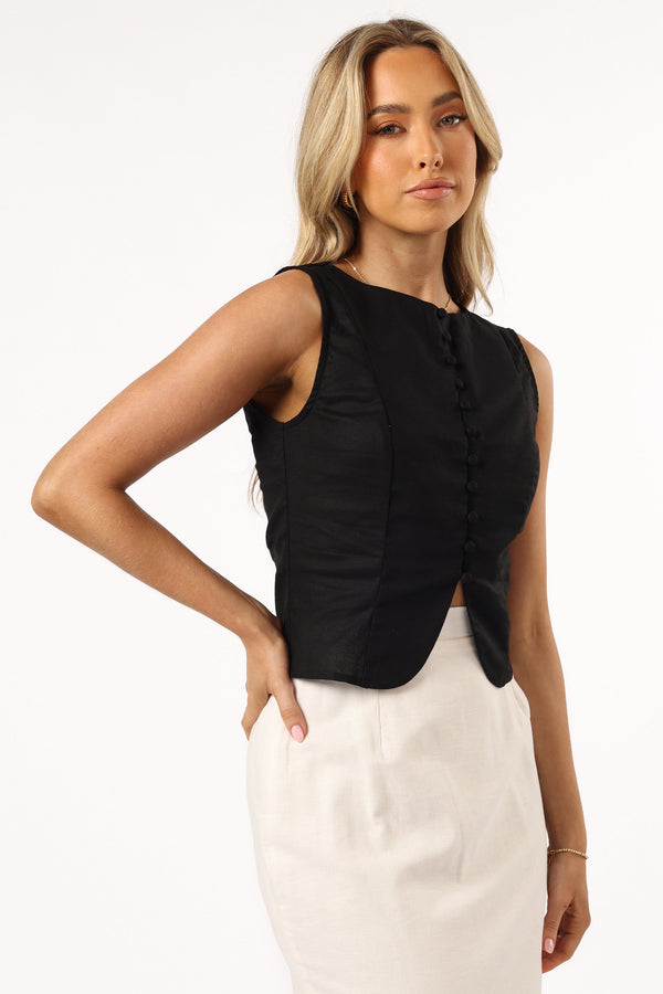 TOPS @Daniella Linen Vest - Black