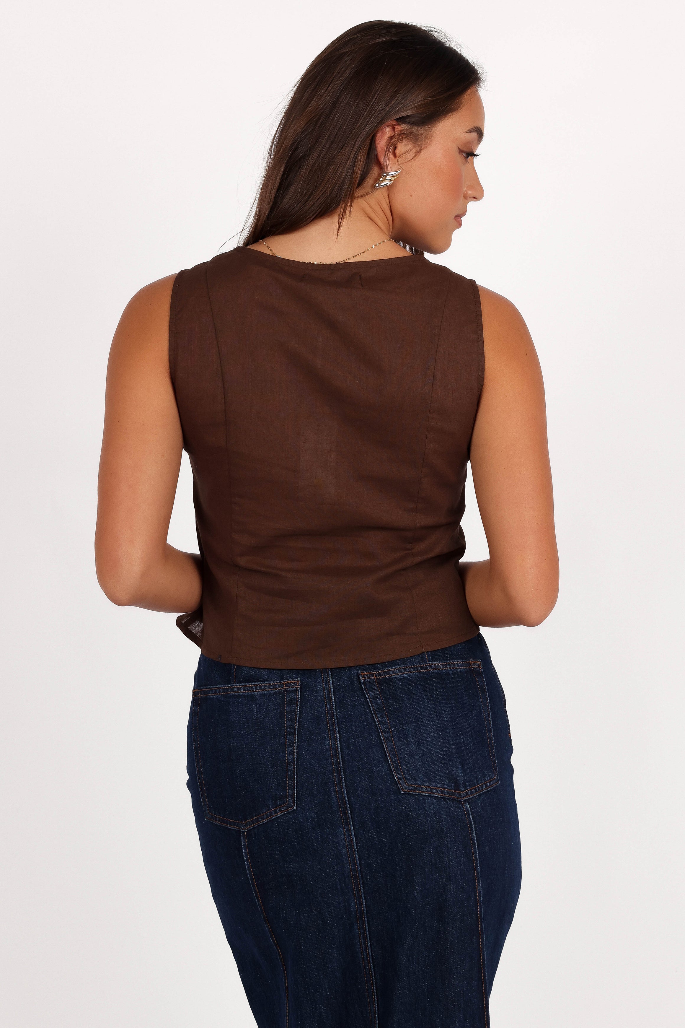 TOPS Daniella Linen Vest - Chocolate Brown