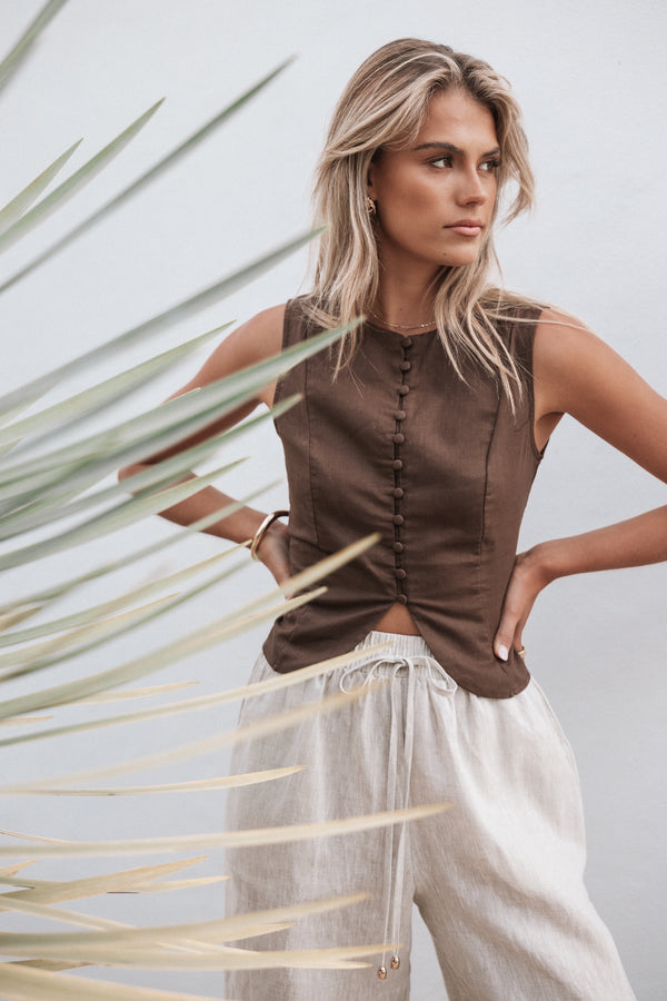 TOPS Daniella Linen Vest - Chocolate Brown
