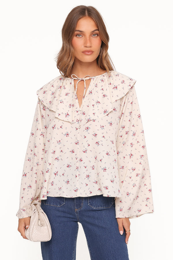 TOPS Denise Ruffle Neck Blouse - Ivory Floral