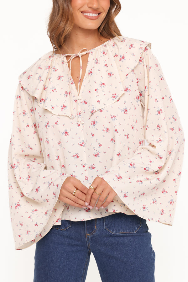 TOPS Denise Ruffle Neck Blouse - Ivory Floral