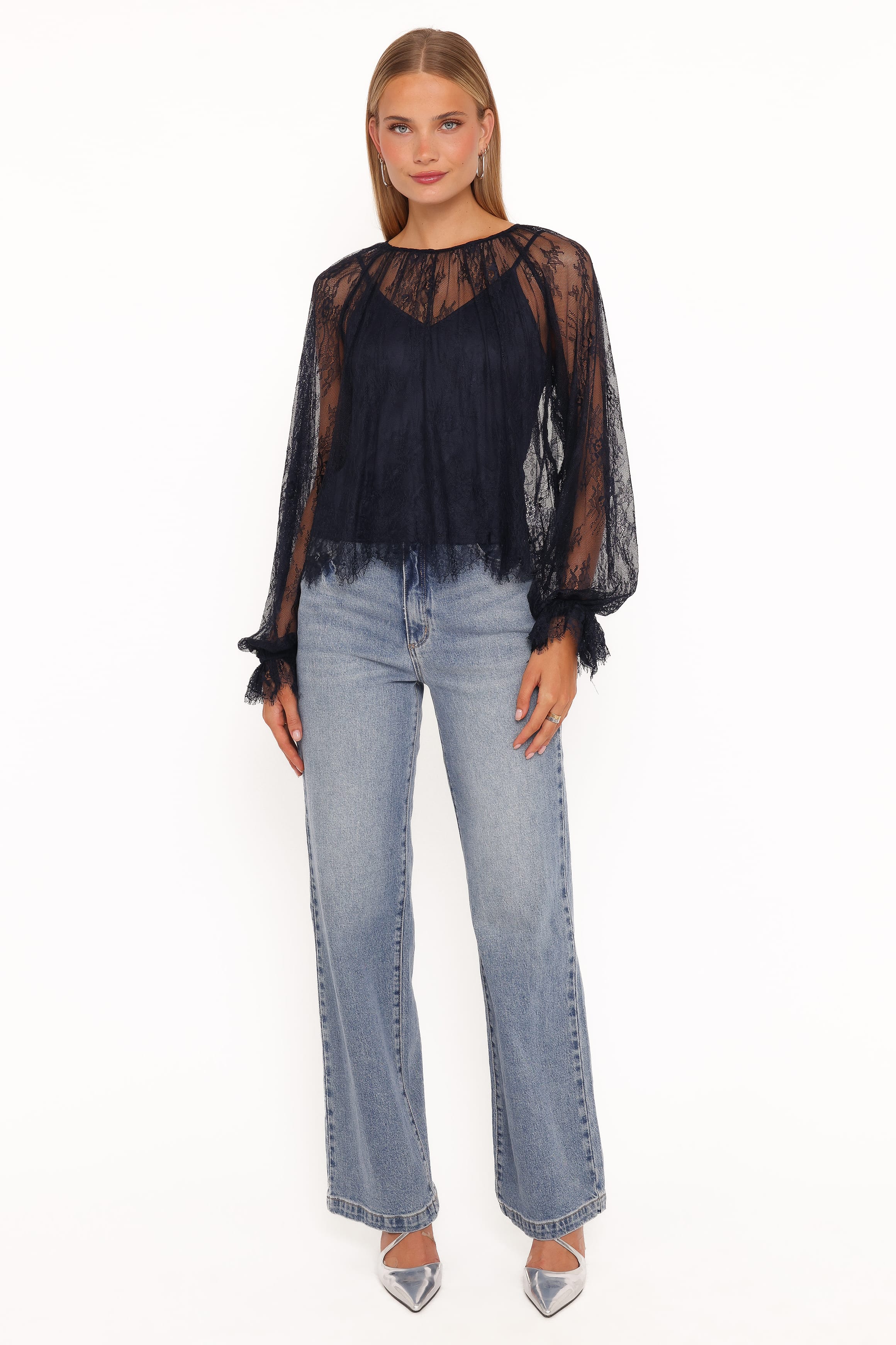 TOPS Duncan Sheer Lace Top - Midnight Navy