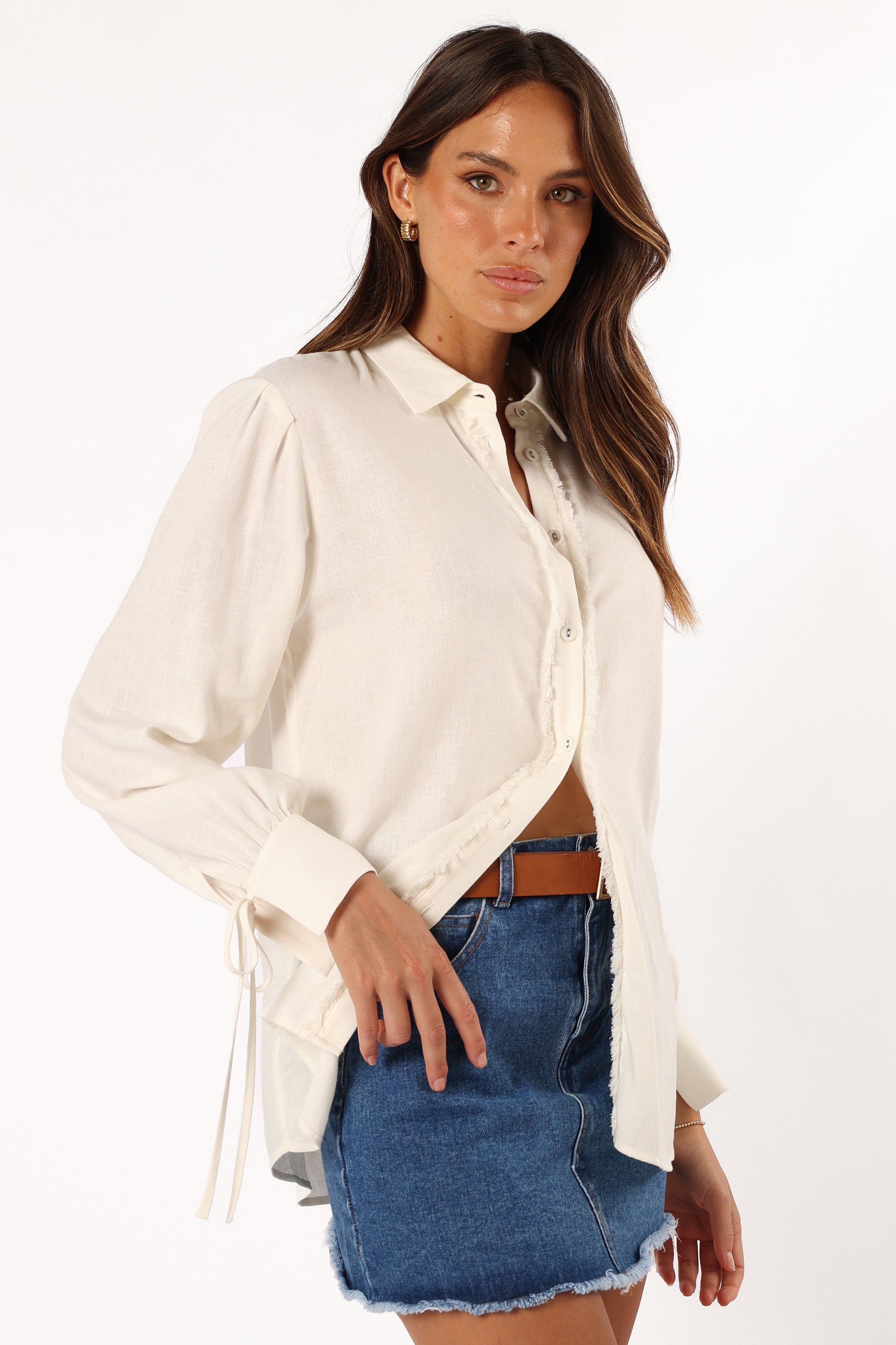 TOPS @Dylan Long Sleeve Button Up Top - White