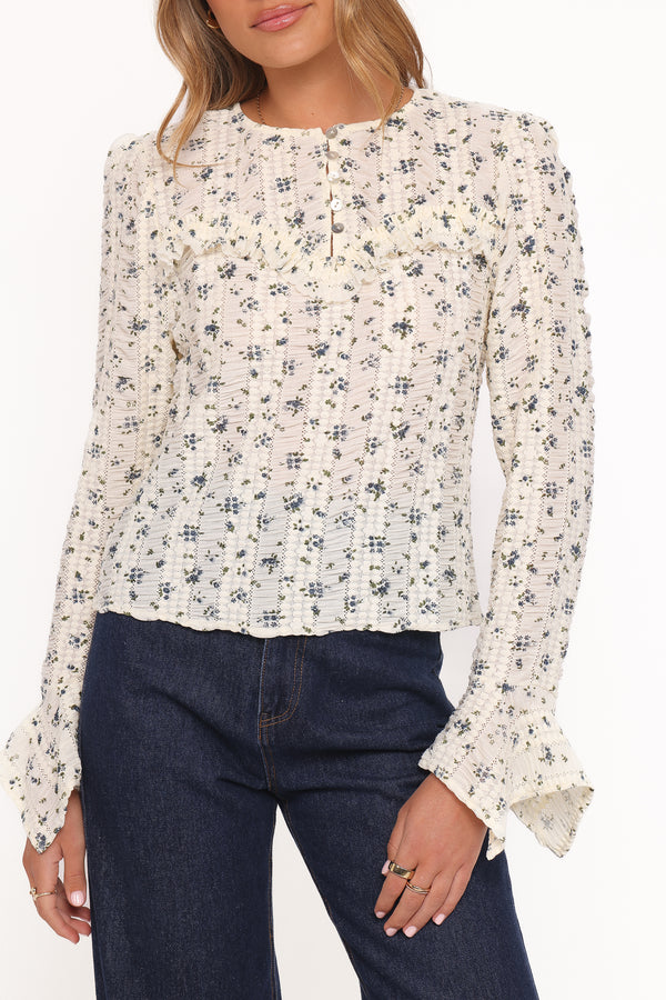 TOPS Eira Textured Ruffle Top - Cream Blue Floral