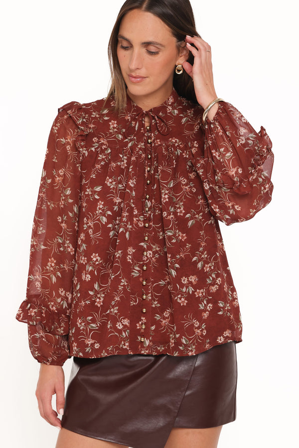TOPS Elanira Ruffle Top - Rust Floral