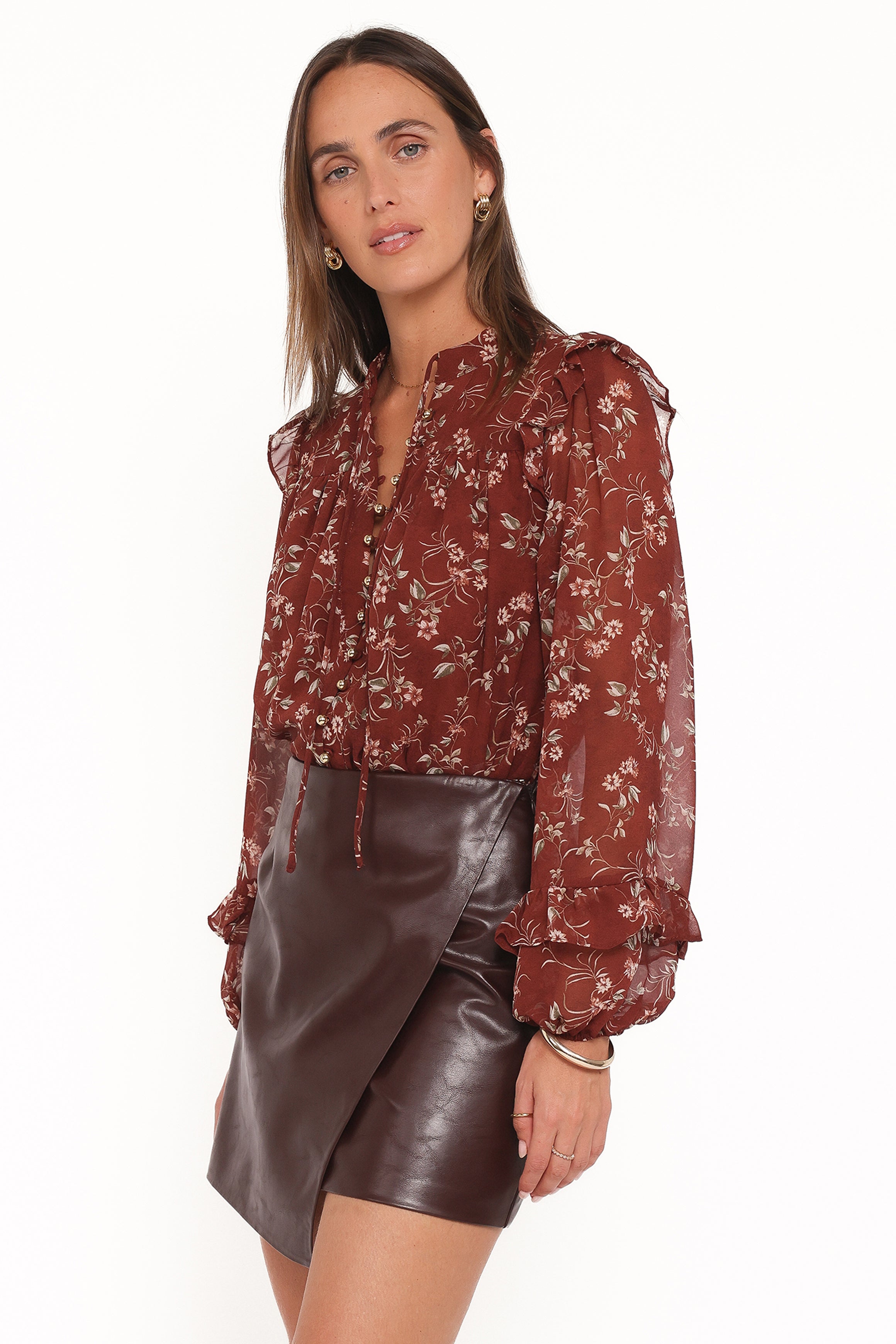 TOPS Elanira Ruffle Top - Rust Floral