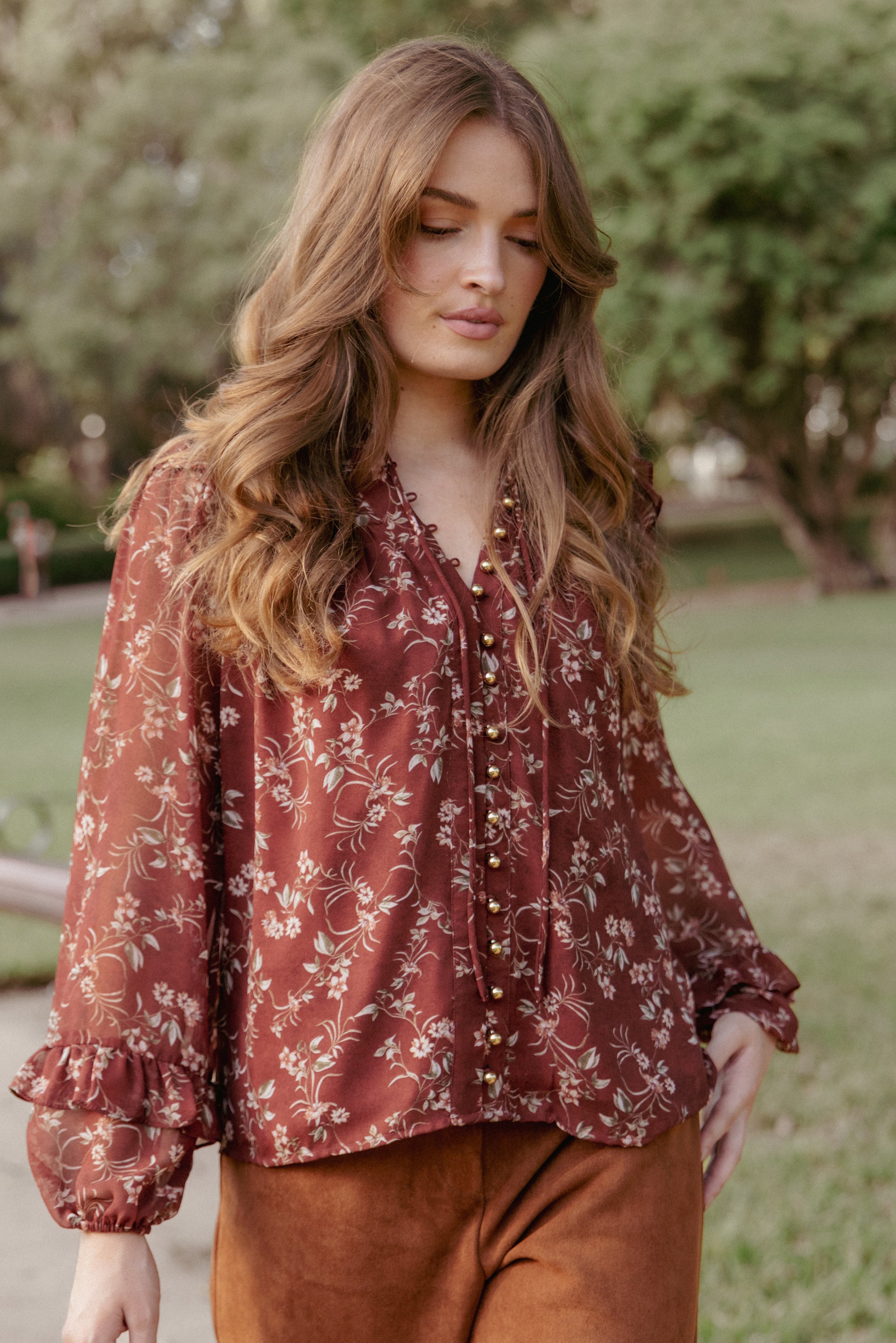 TOPS Elanira Ruffle Top - Rust Floral