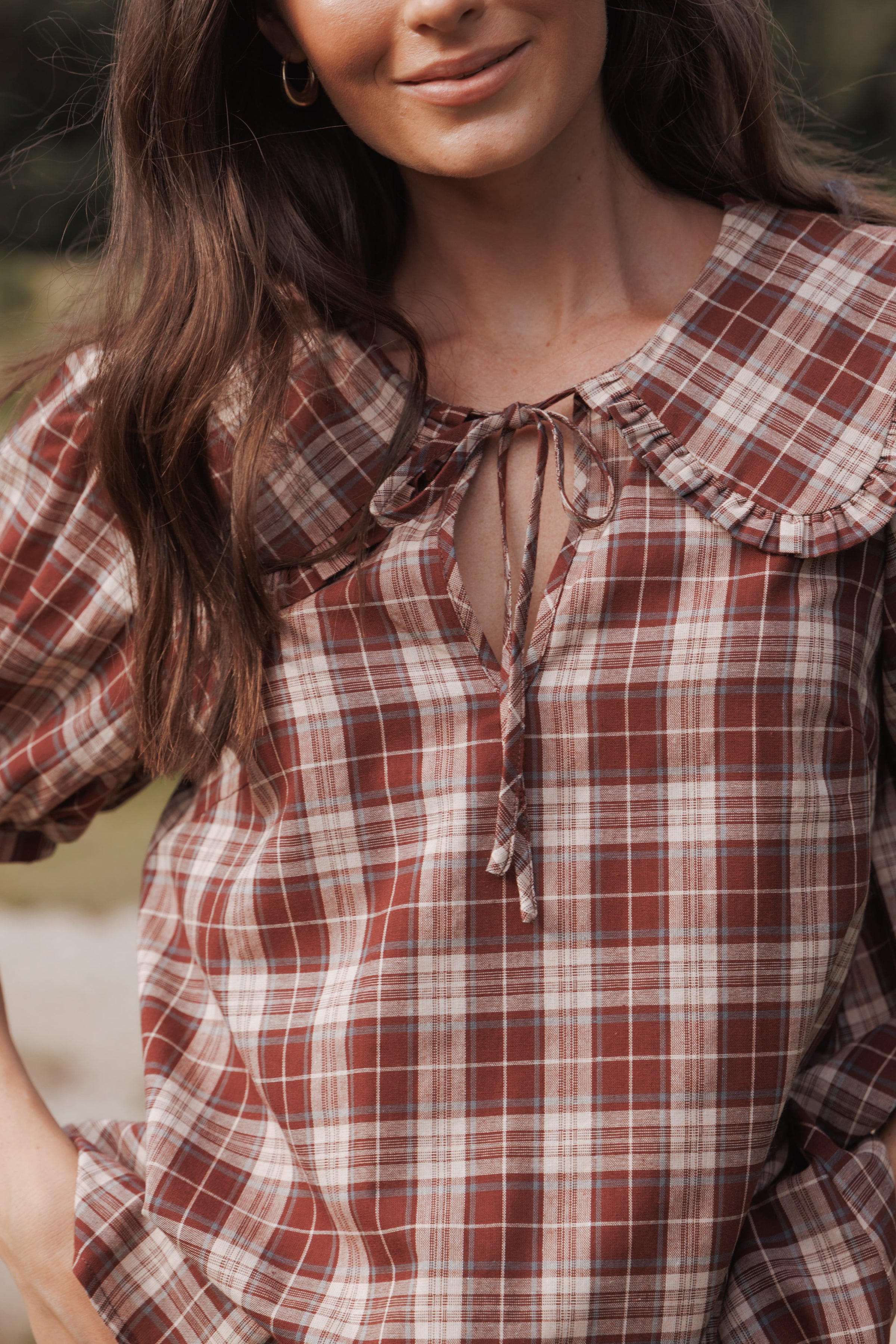TOPS Evandri Frill Collar Top - Burgundy Plaid