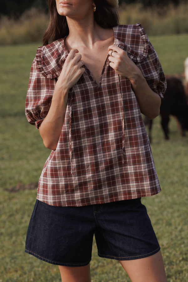 TOPS Evandri Frill Collar Top - Burgundy Plaid