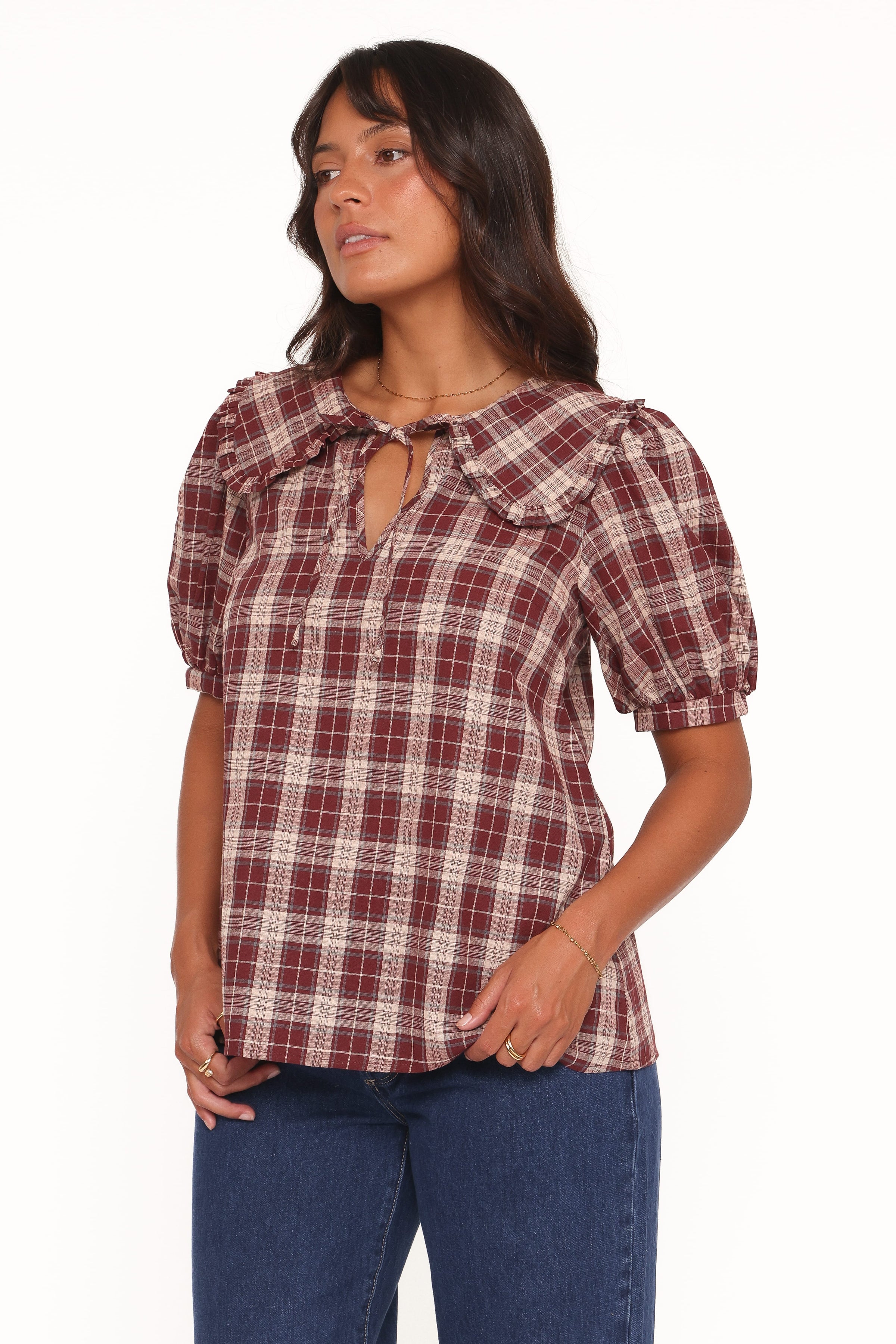 TOPS Evandri Frill Collar Top - Burgundy Plaid