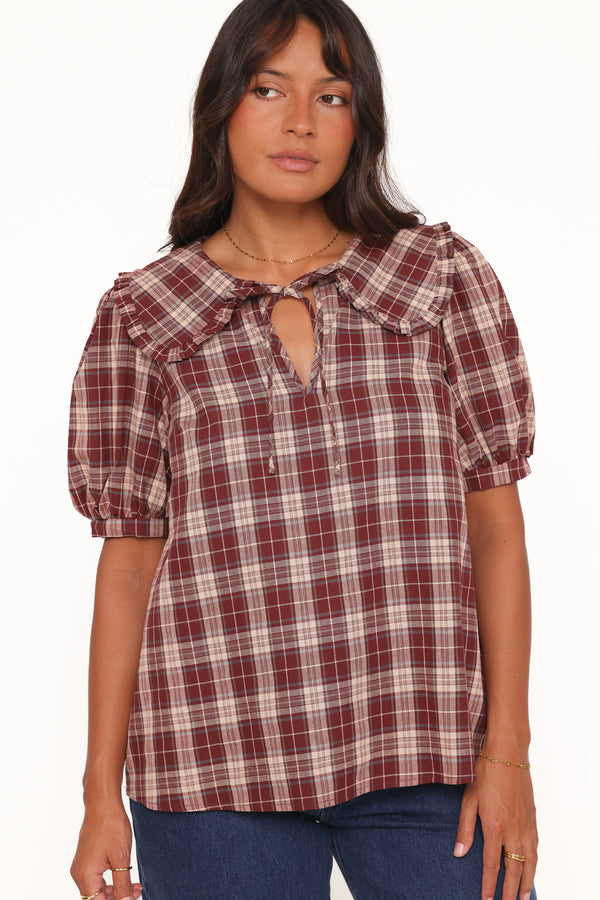 TOPS Evandri Frill Collar Top - Burgundy Plaid
