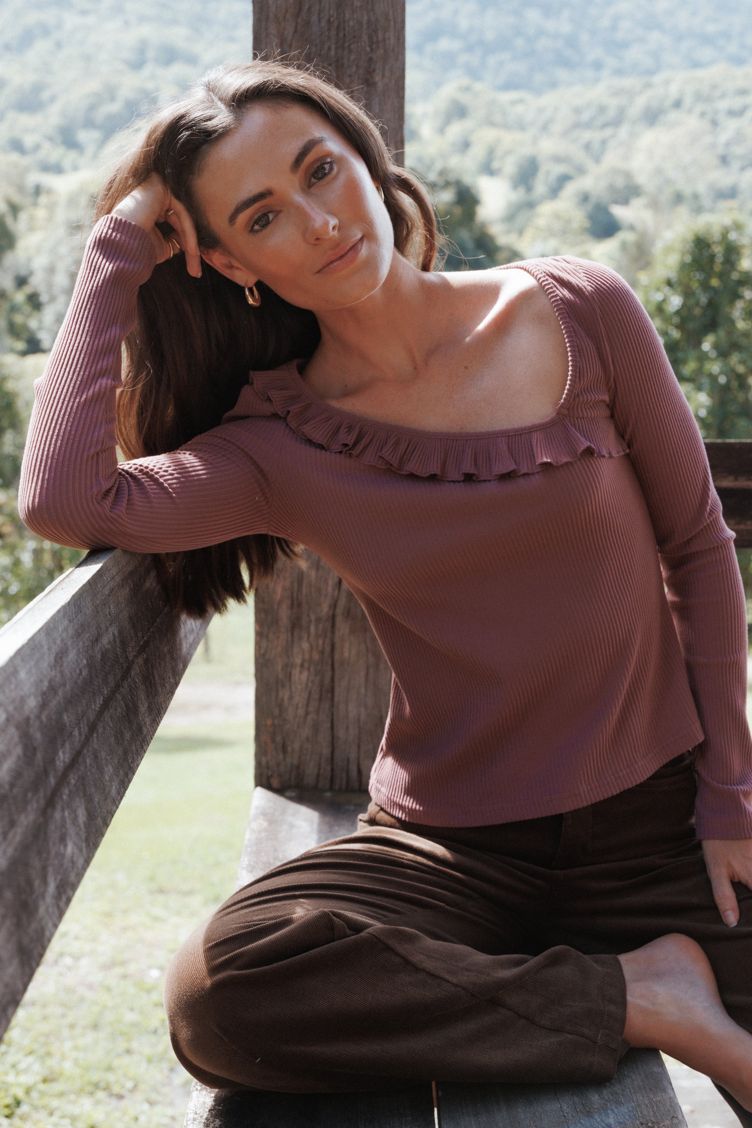 TOPS Evanna Frill Neck Top - Burgundy