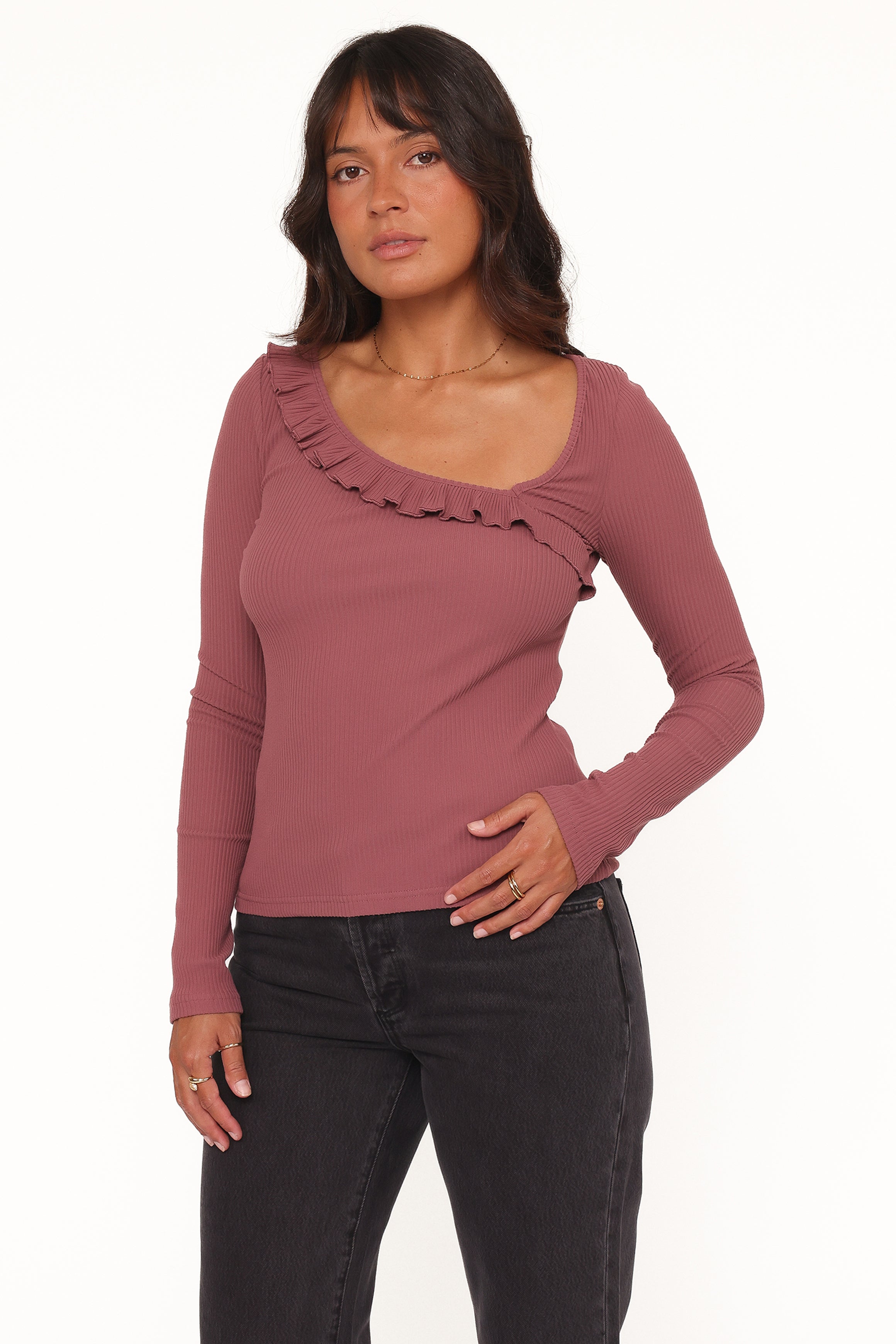TOPS Evanna Frill Neck Top - Burgundy