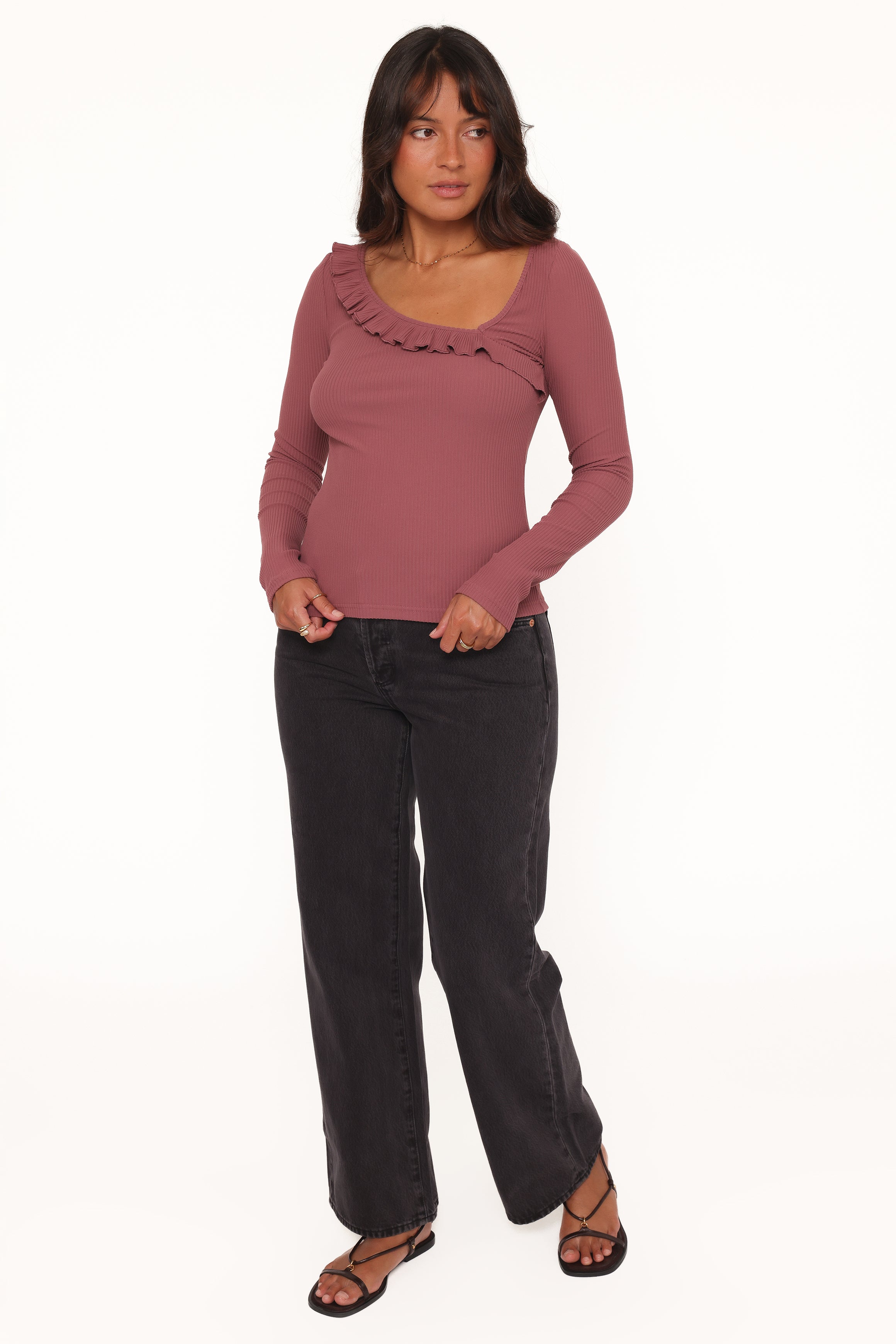 TOPS Evanna Frill Neck Top - Burgundy