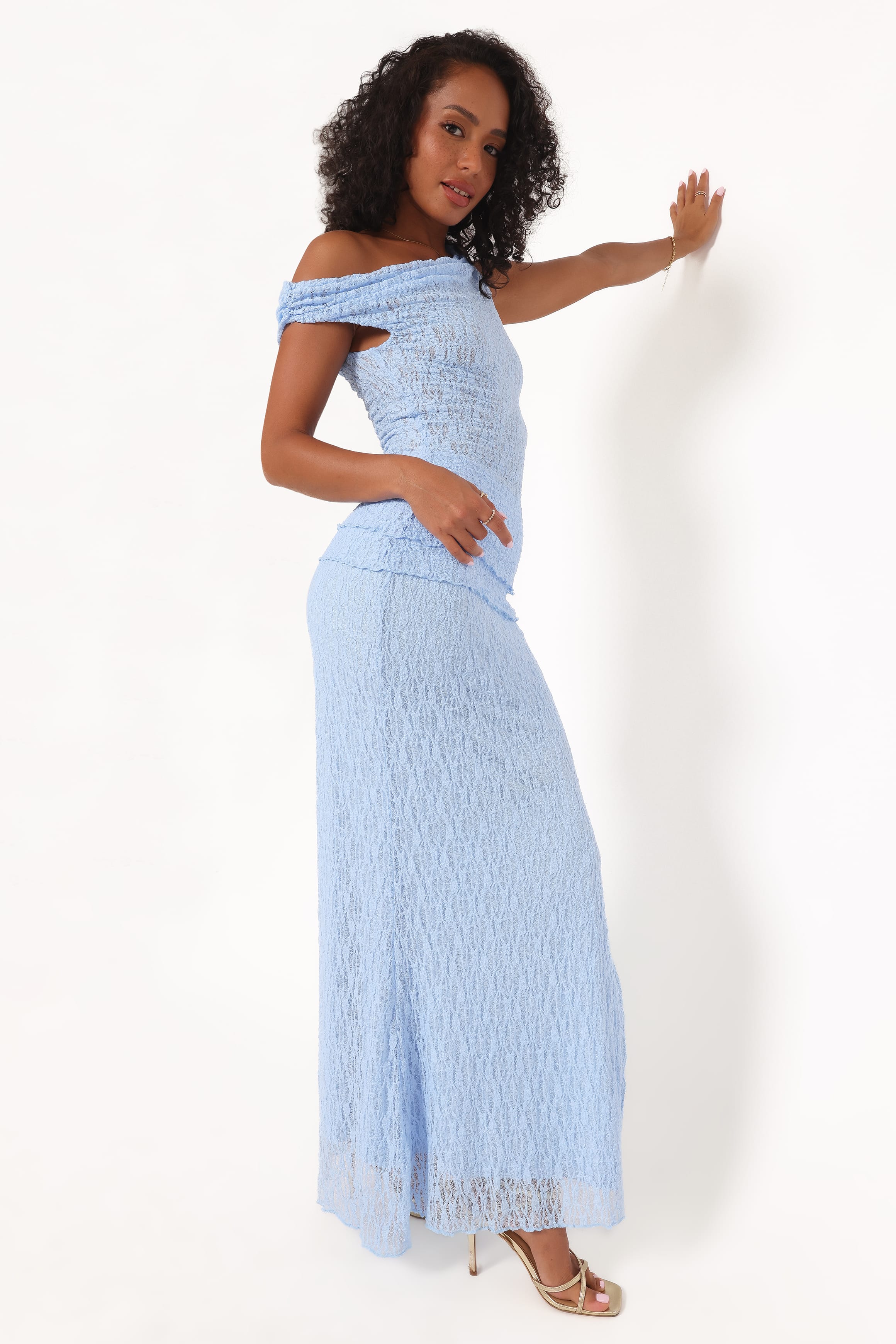 Faeriel Off Shoulder Lace Knit Top - Blue | Petal & Pup