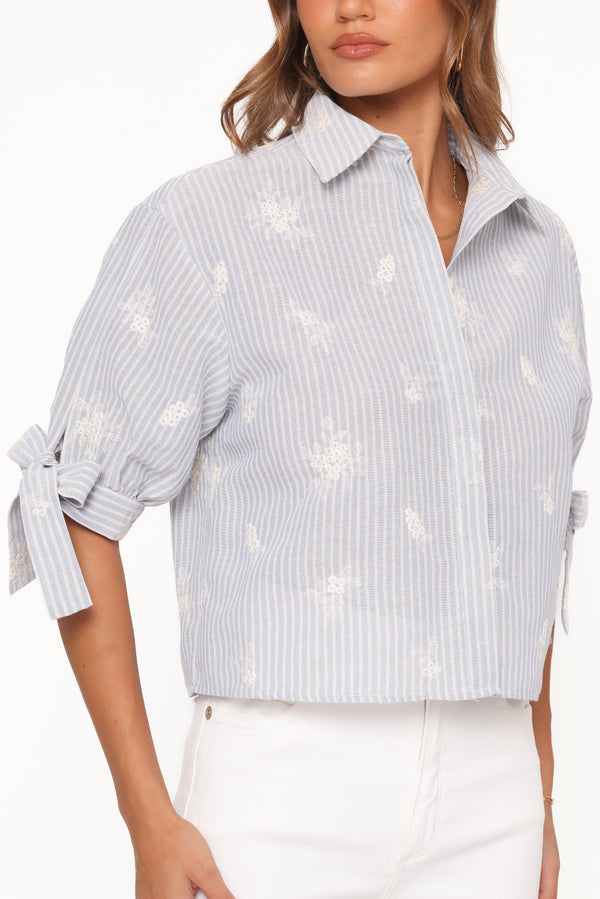 TOPS Floriana Tie Sleeve Shirt - Blue Stripe