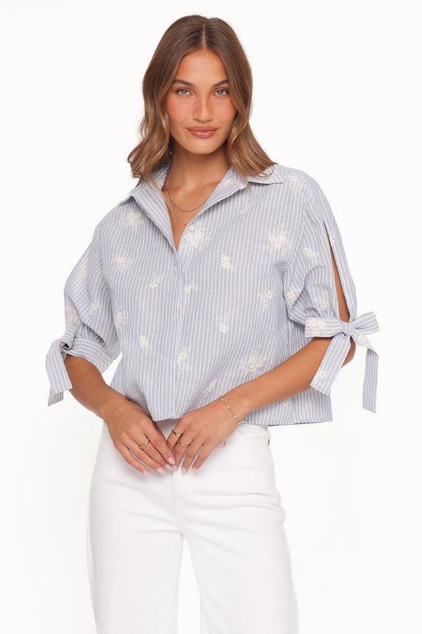 TOPS Floriana Tie Sleeve Shirt - Blue Stripe