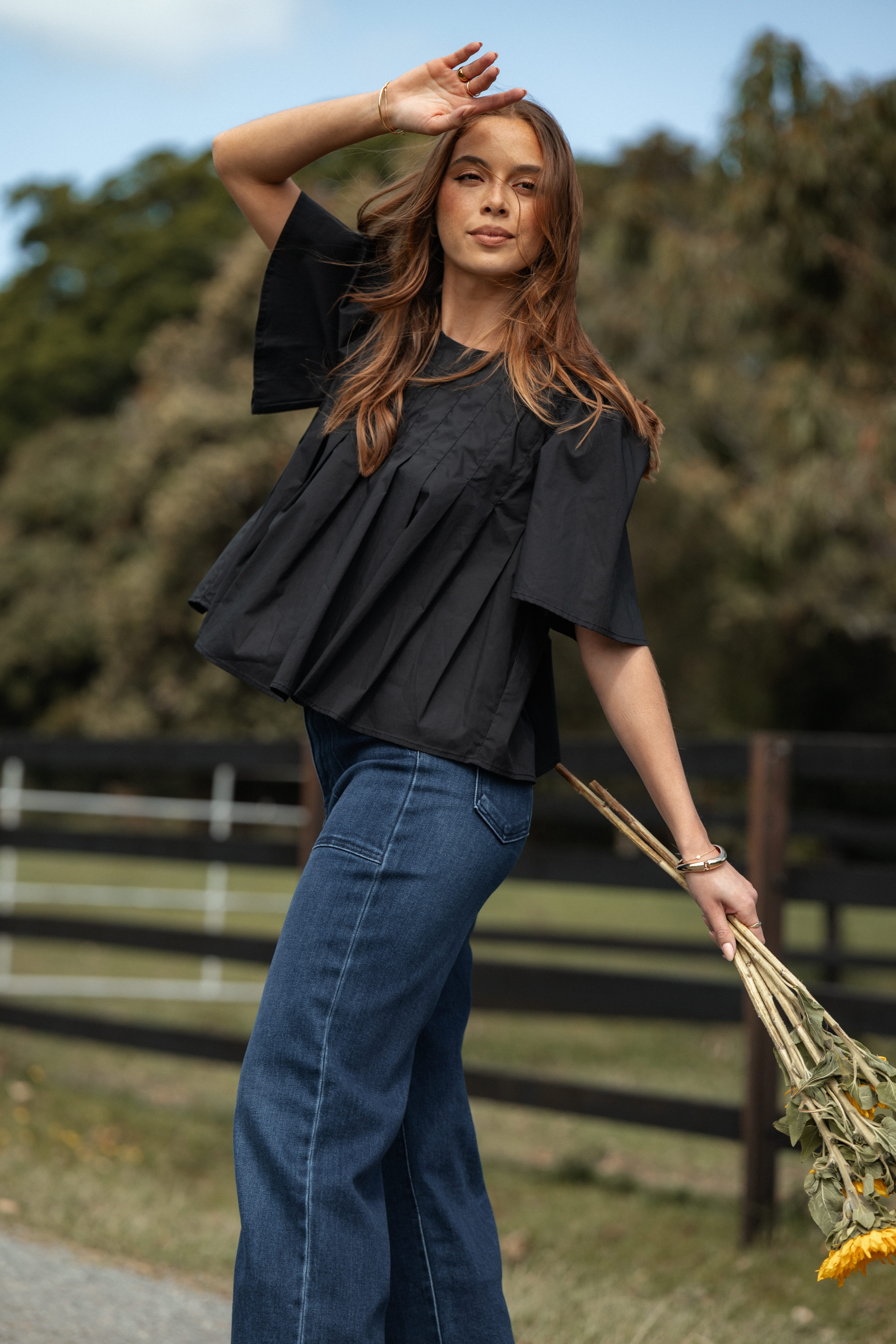 TOPS Geneva Pleated Top - Black