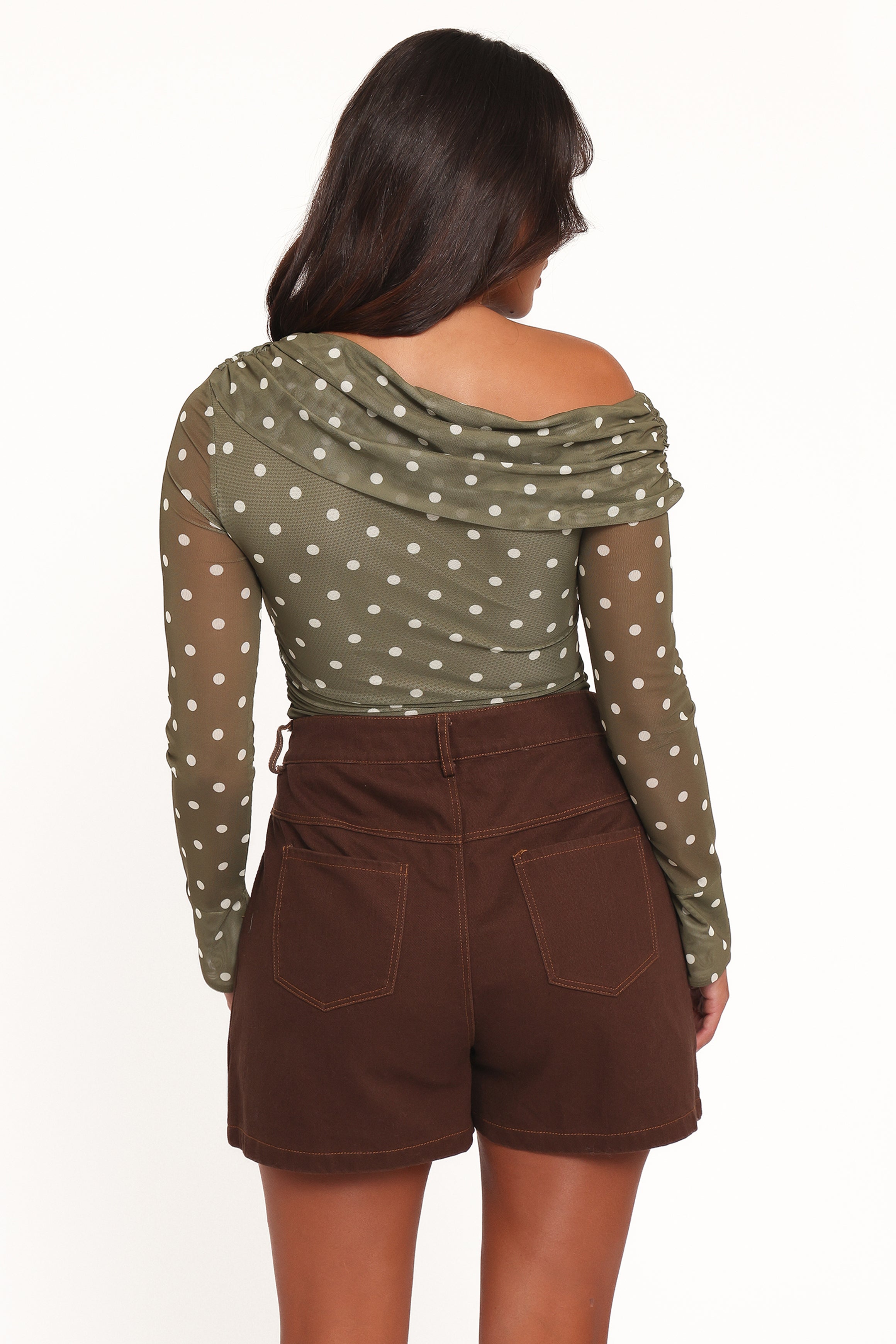 TOPS Ginevra Off Shoulder Mesh Top - Green Polka Dot