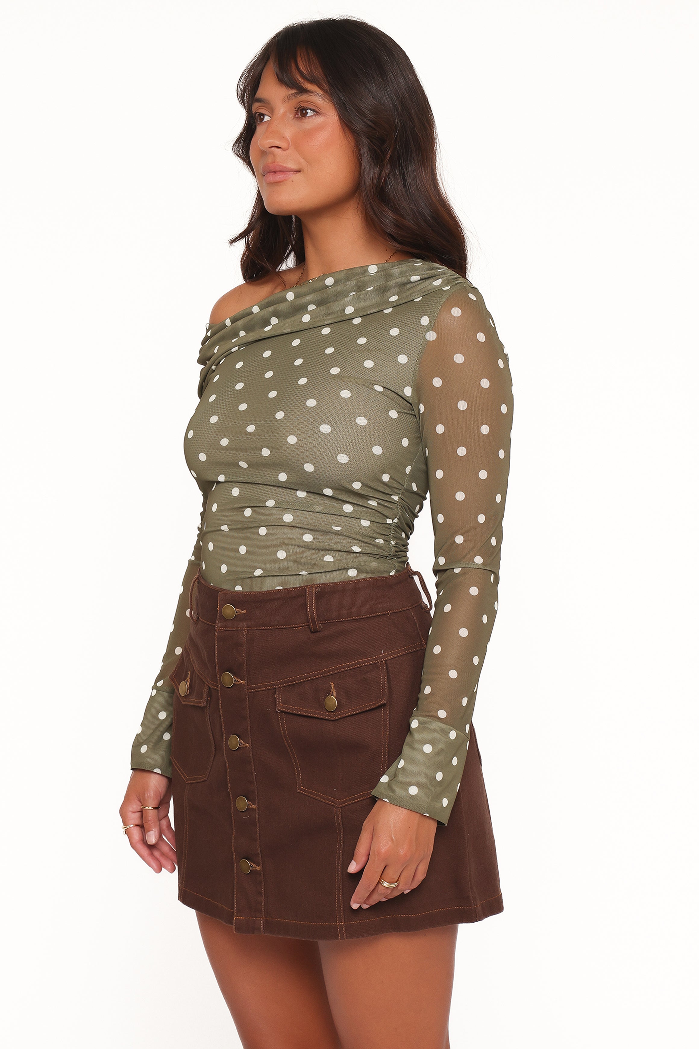TOPS Ginevra Off Shoulder Mesh Top - Green Polka Dot