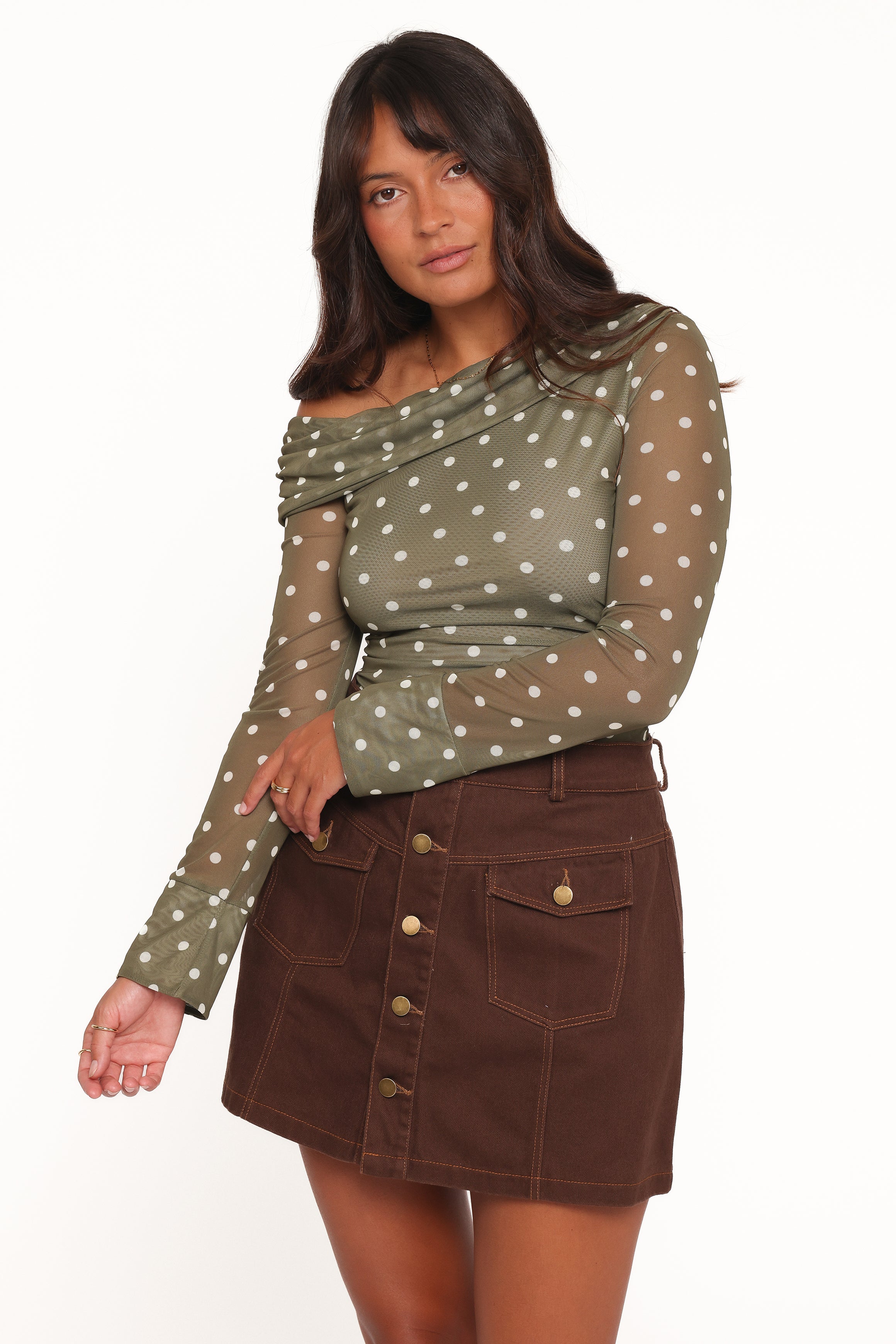 TOPS Ginevra Off Shoulder Mesh Top - Green Polka Dot