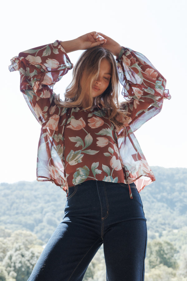 TOPS Hesper Ruffle Top - Red Tulip Floral
