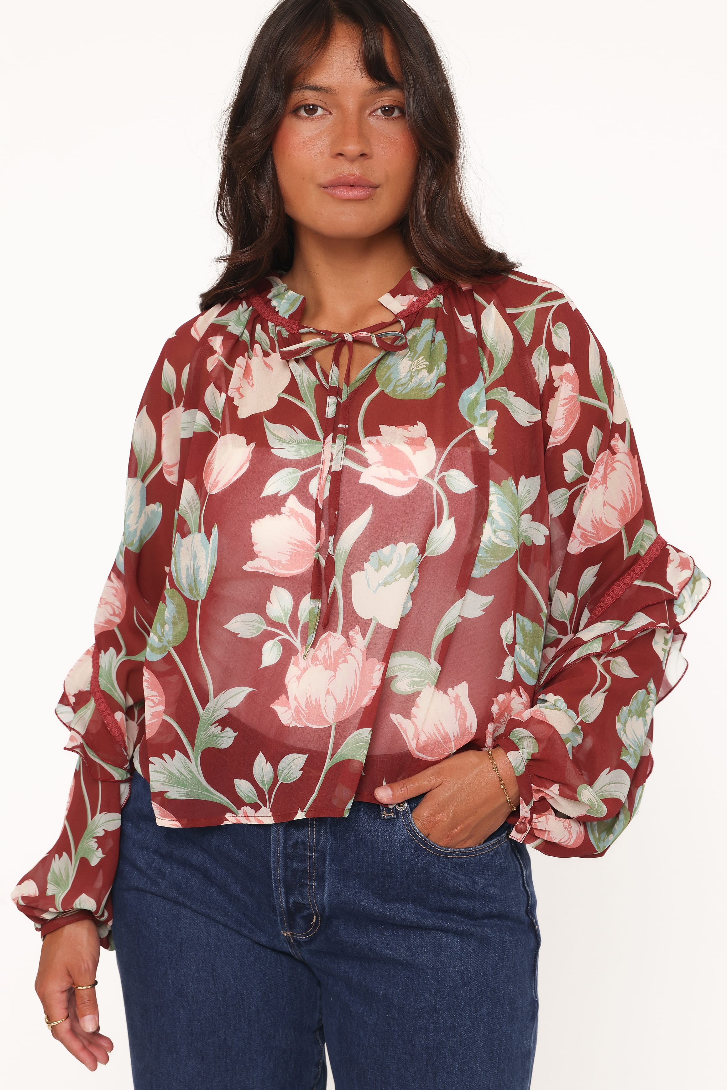 TOPS Hesper Ruffle Top - Red Tulip Floral