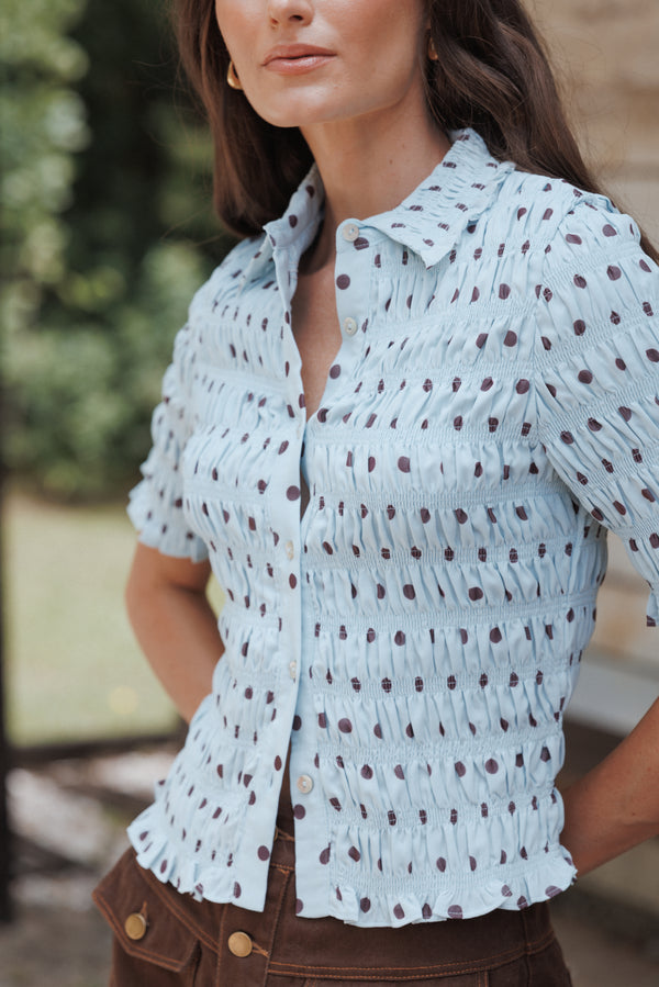 TOPS Hollis Smocked Shirt - Blue Polka Dot
