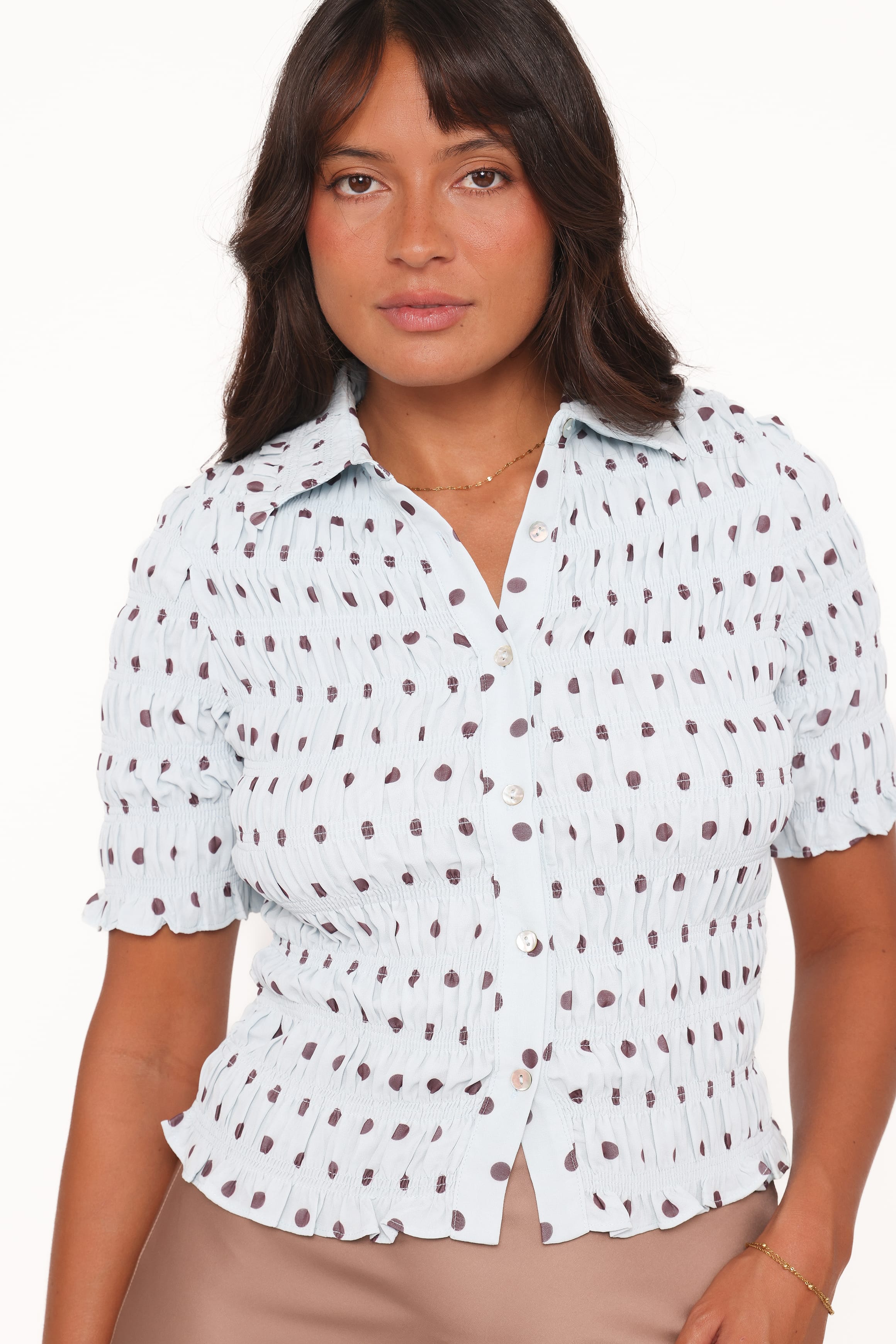 TOPS Hollis Smocked Shirt - Blue Polka Dot