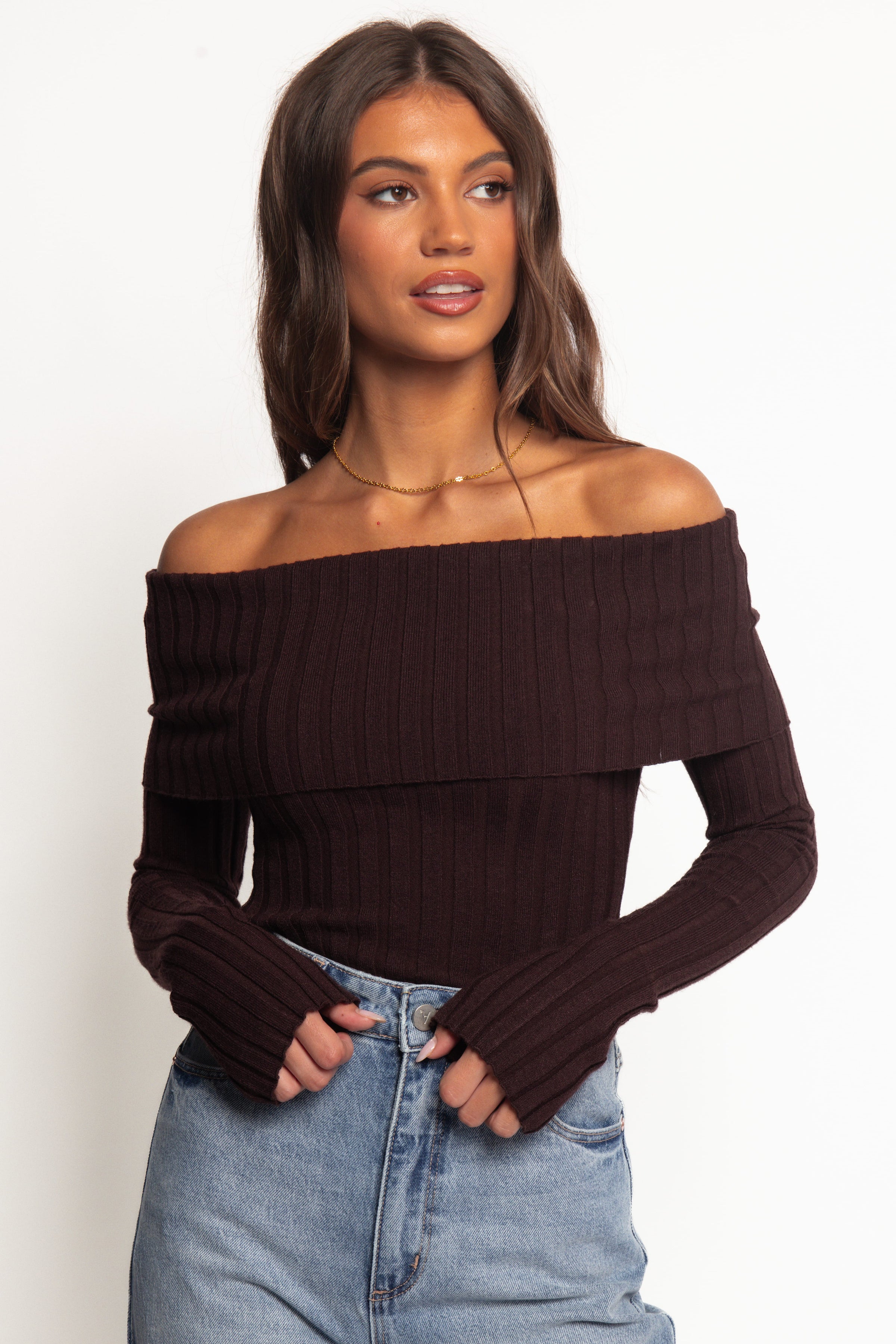TOPS Inora Off Shoulder Knit Top - Chocolate