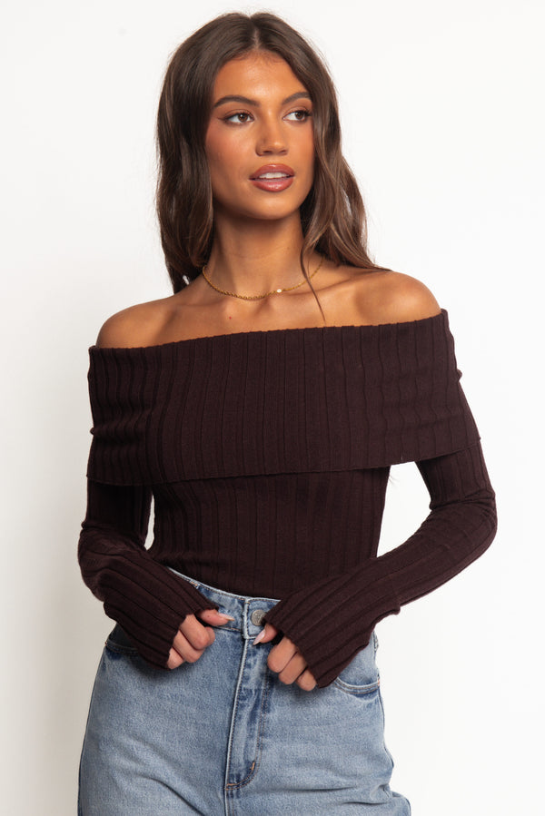 TOPS Inora Off Shoulder Knit Top - Chocolate