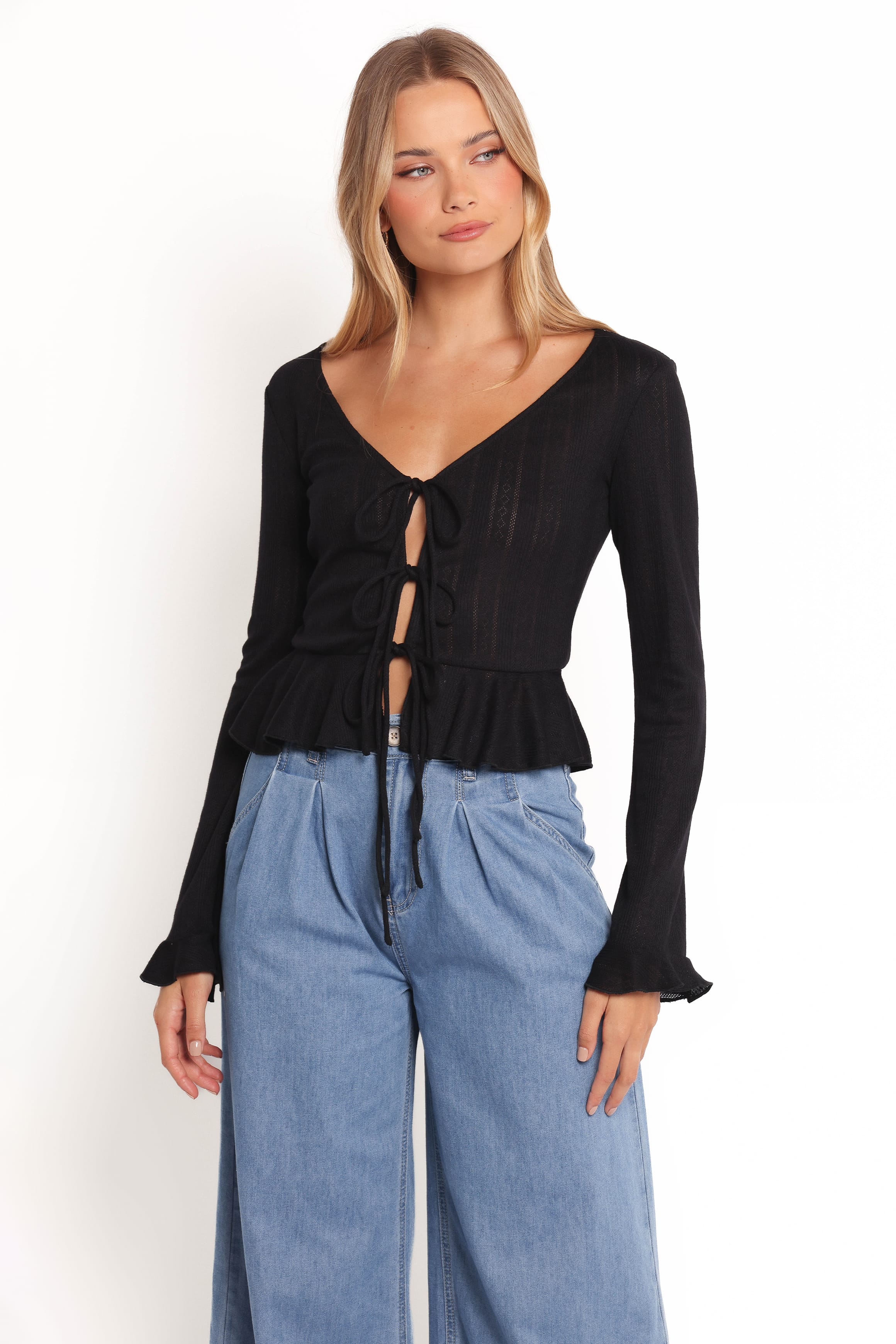 TOPS Islah Pointelle Cardigan Top - Black