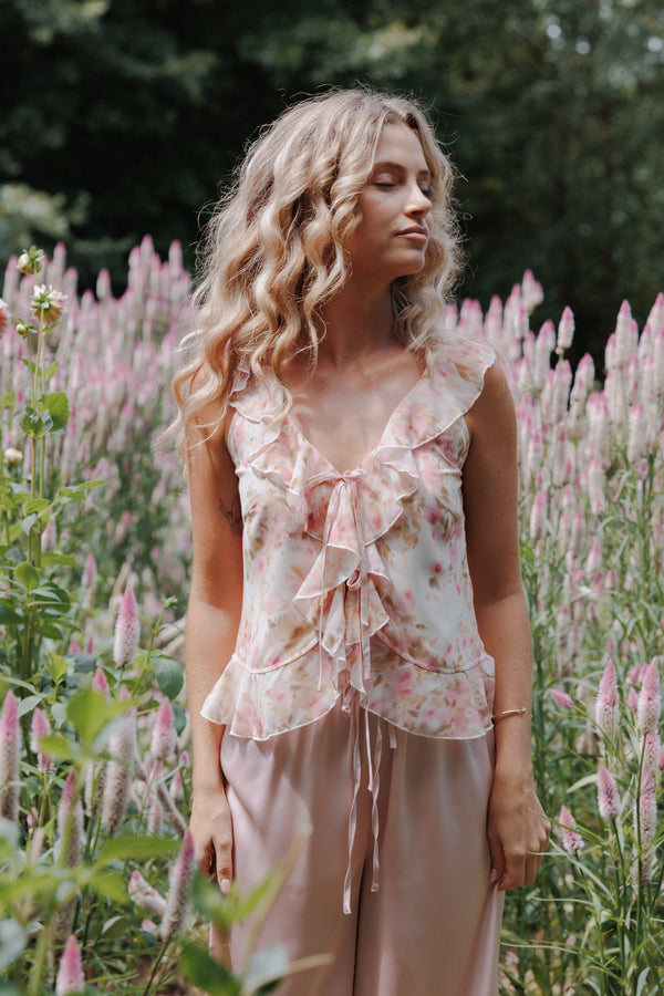 TOPS Ismena Tie Front Top - Blurred Pink Floral