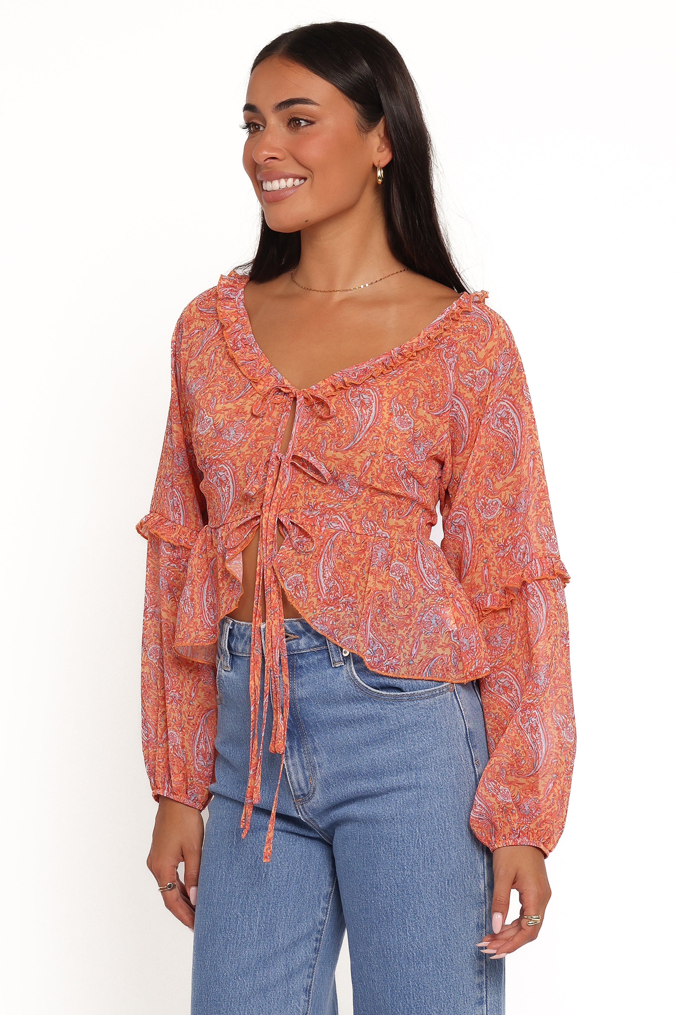 TOPS Isolt Tie Front Top - Orange Paisley