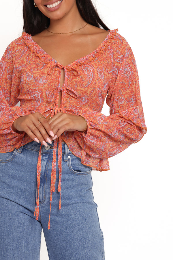 TOPS Isolt Tie Front Top - Orange Paisley