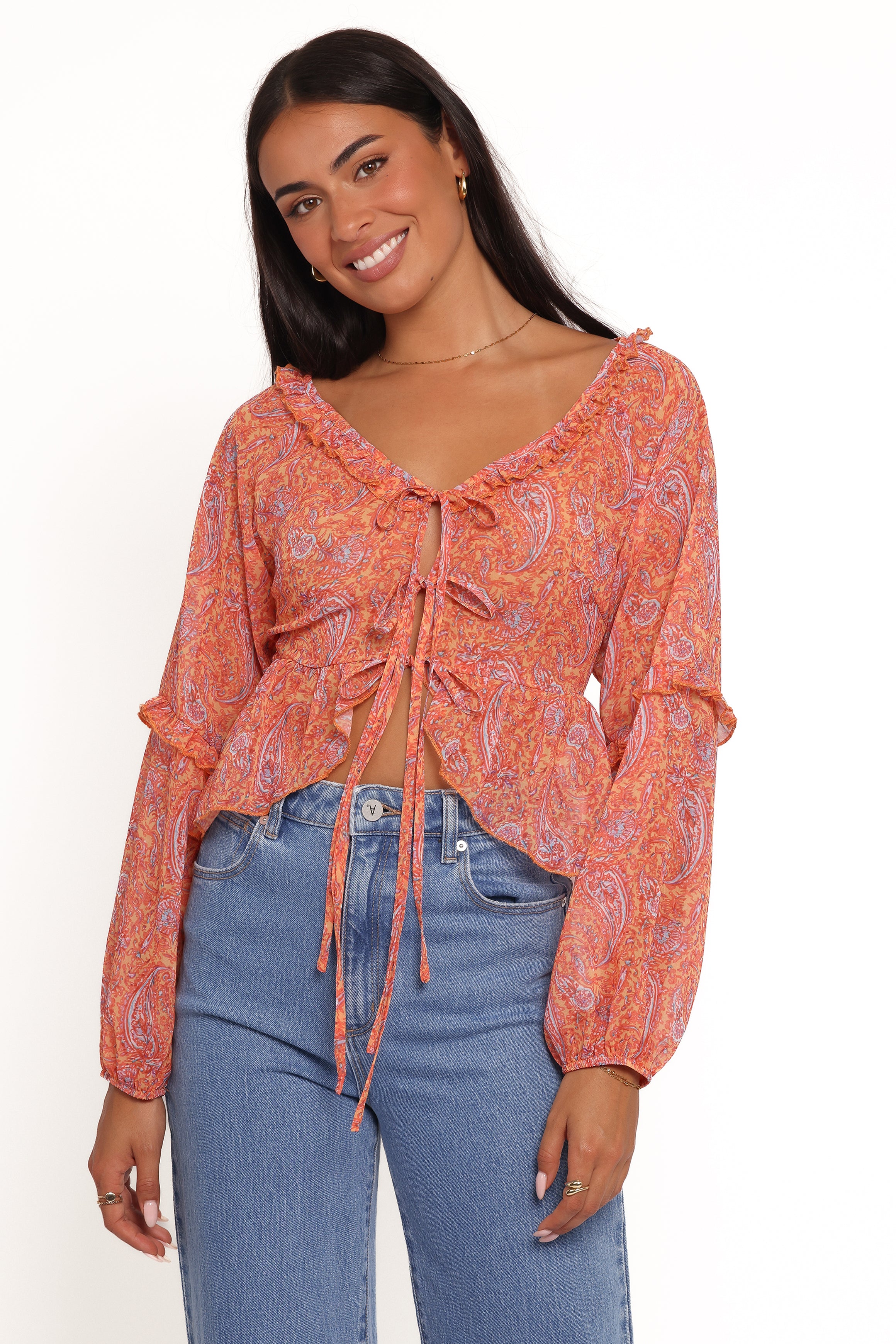 TOPS Isolt Tie Front Top - Orange Paisley