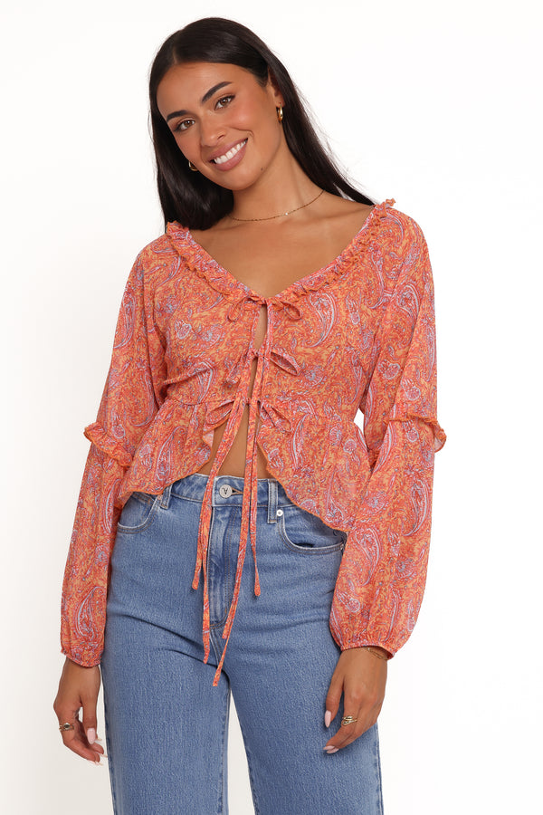 TOPS Isolt Tie Front Top - Orange Paisley