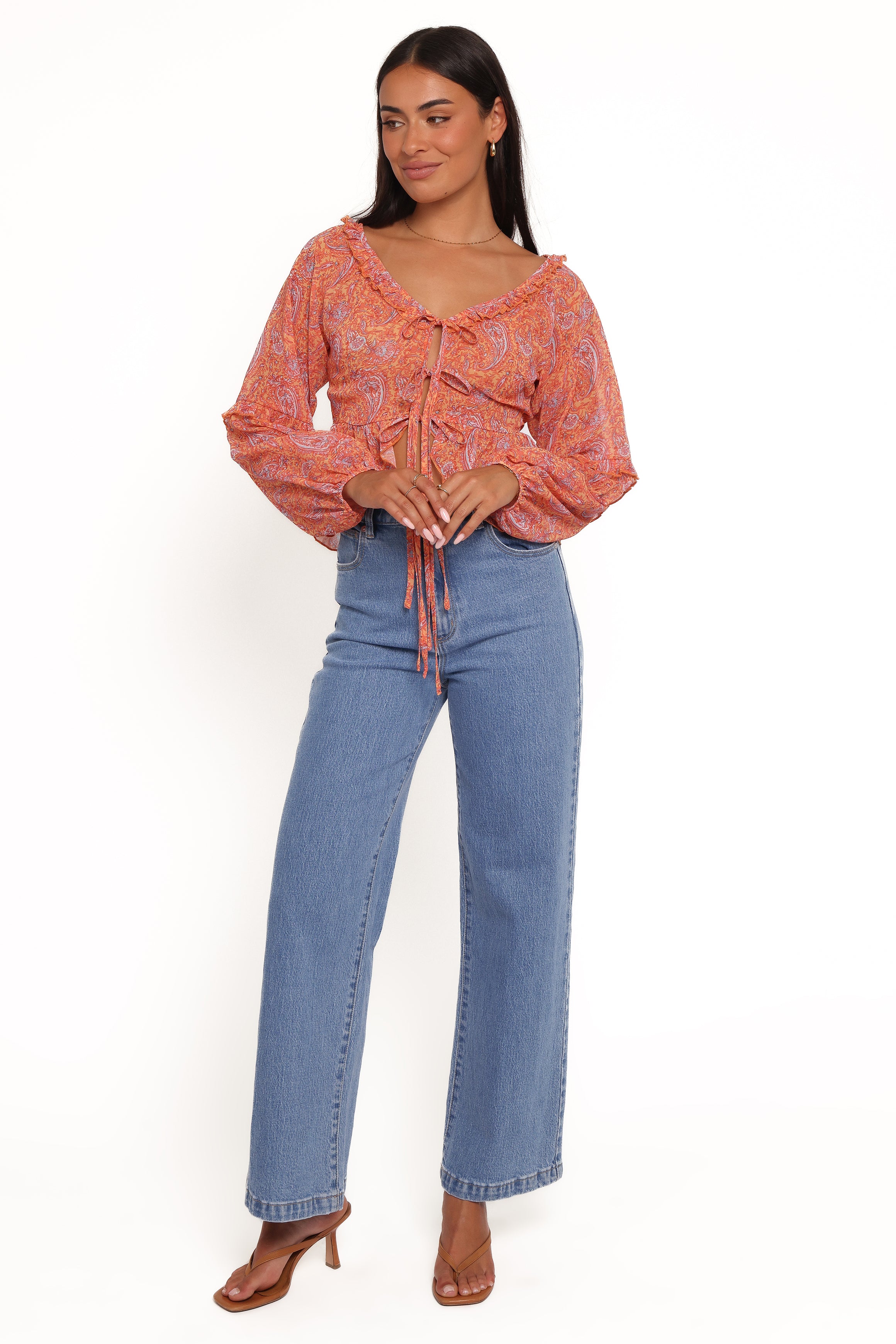 TOPS Isolt Tie Front Top - Orange Paisley