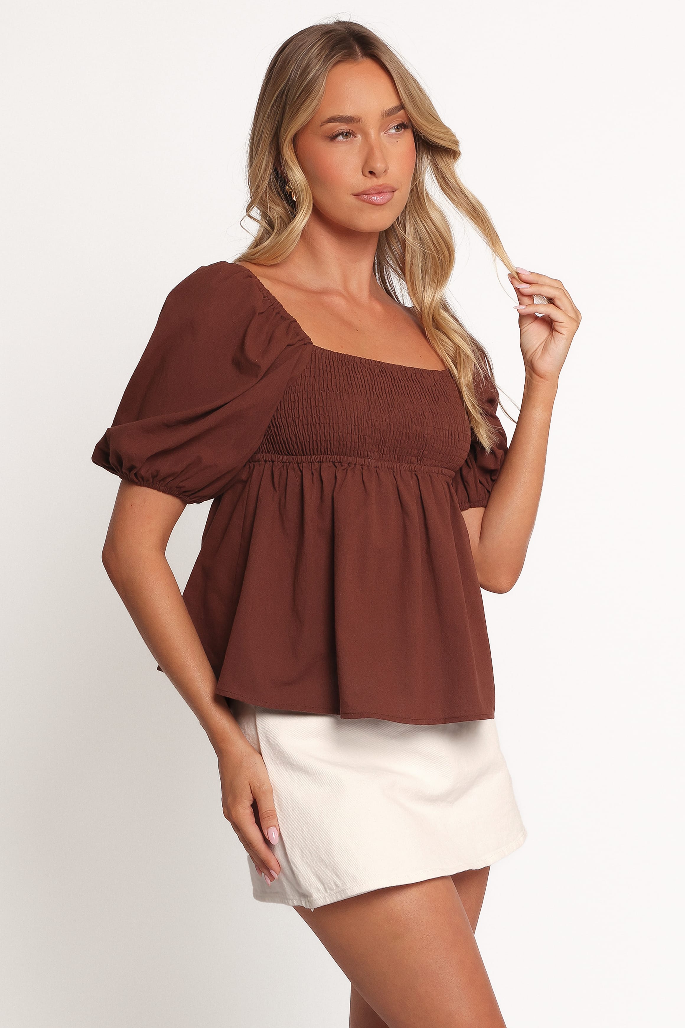 TOPS Jemima Puff Sleeve Top - Chocolate