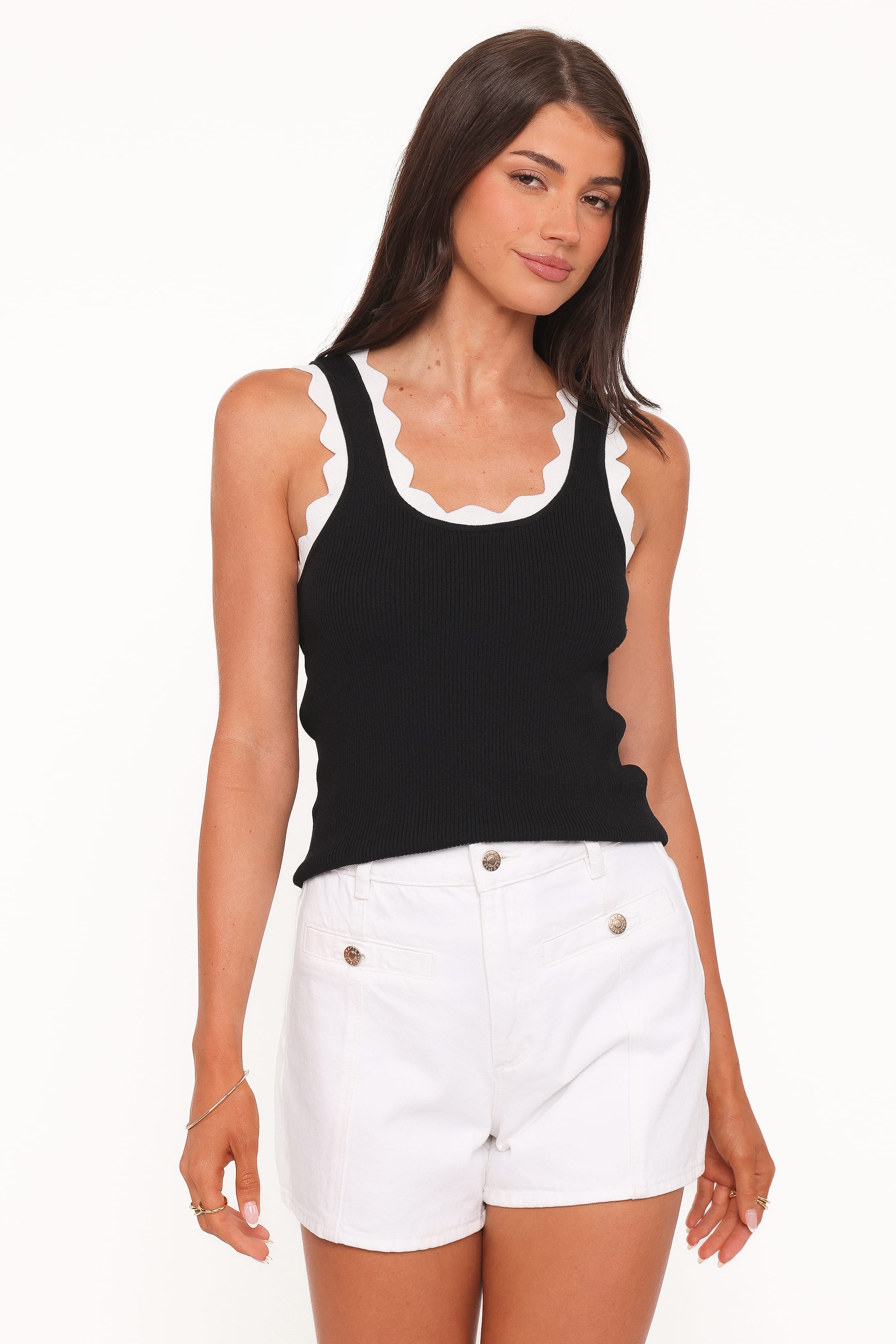 TOPS Johnson Scalloped Trim Tank - Black White