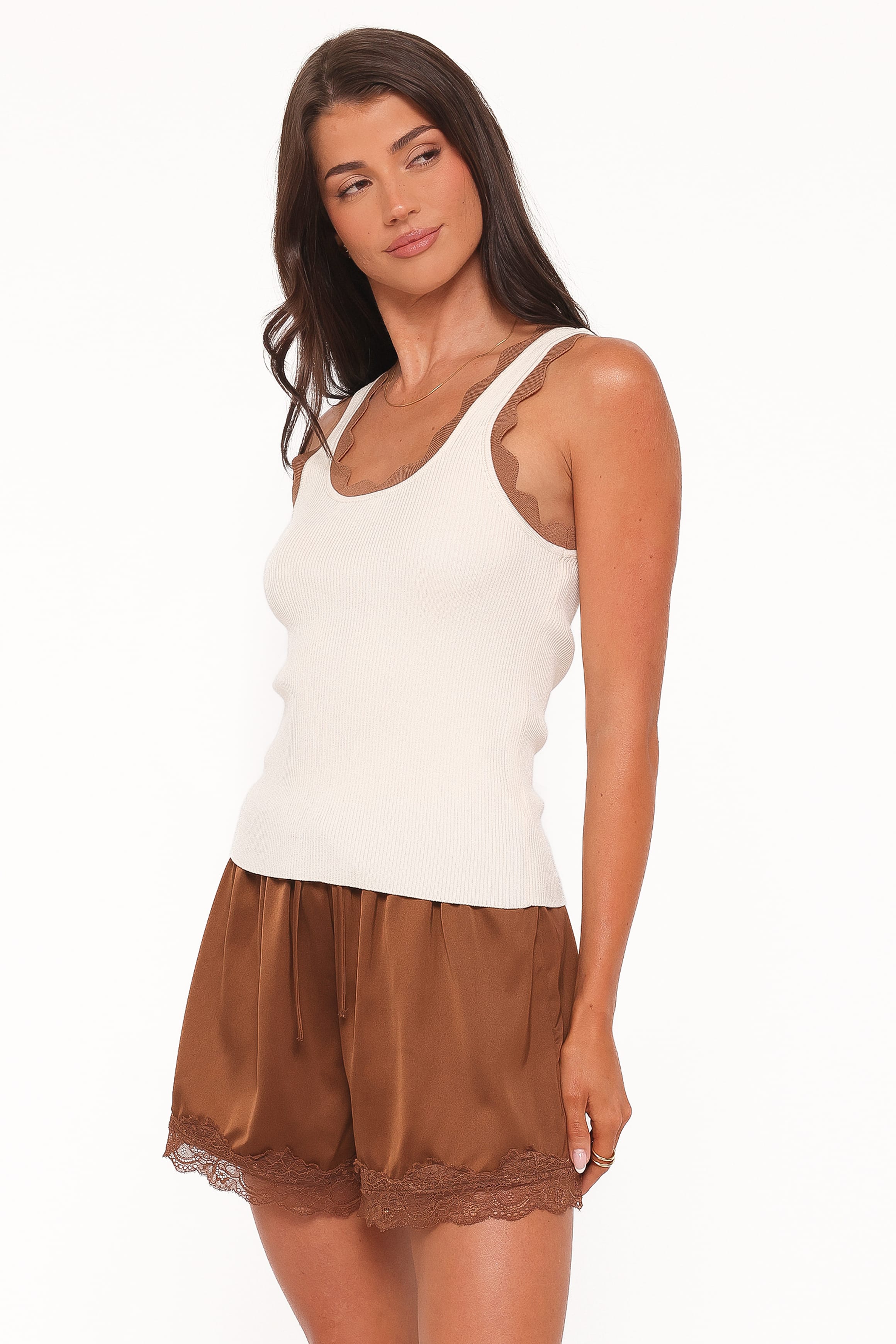 TOPS Johnson Scalloped Trim Tank - Cream Brown