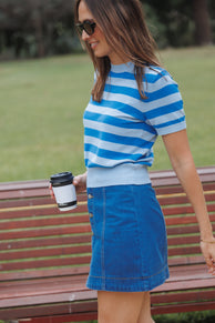 TOPS Joss Cropped Knitted Tee - Blue Stripe