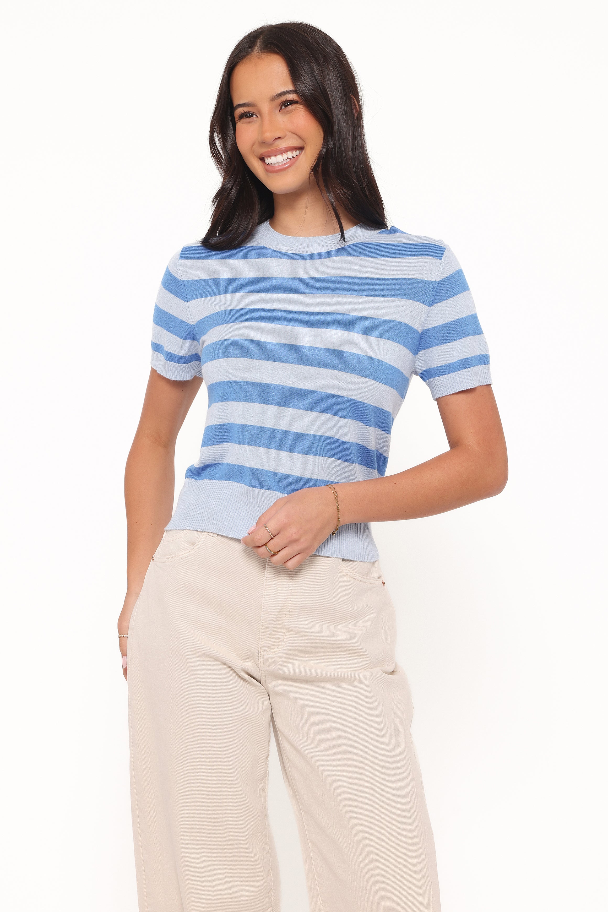 TOPS Joss Cropped Knitted Tee - Blue Stripe
