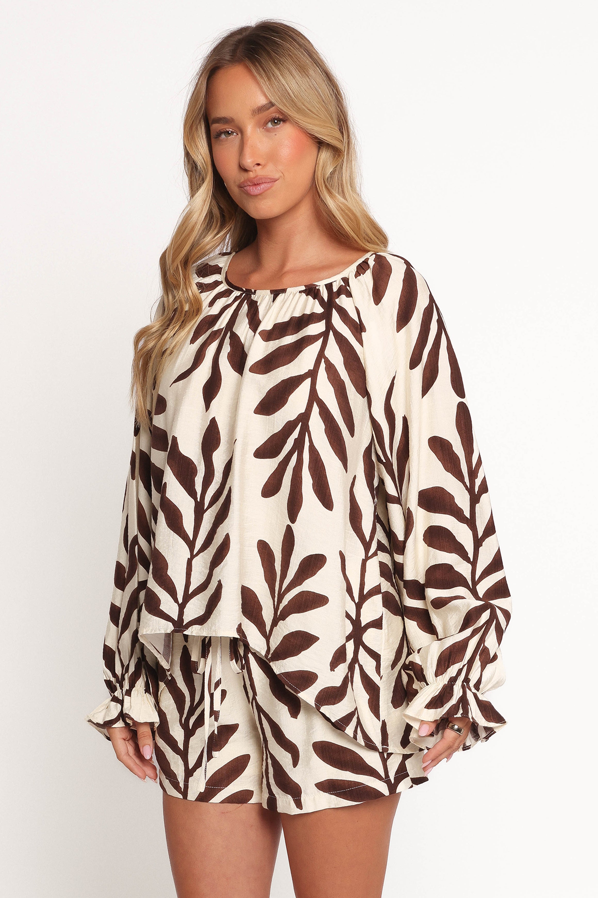 TOPS July Long Sleeve Smock Top - Brown Palm